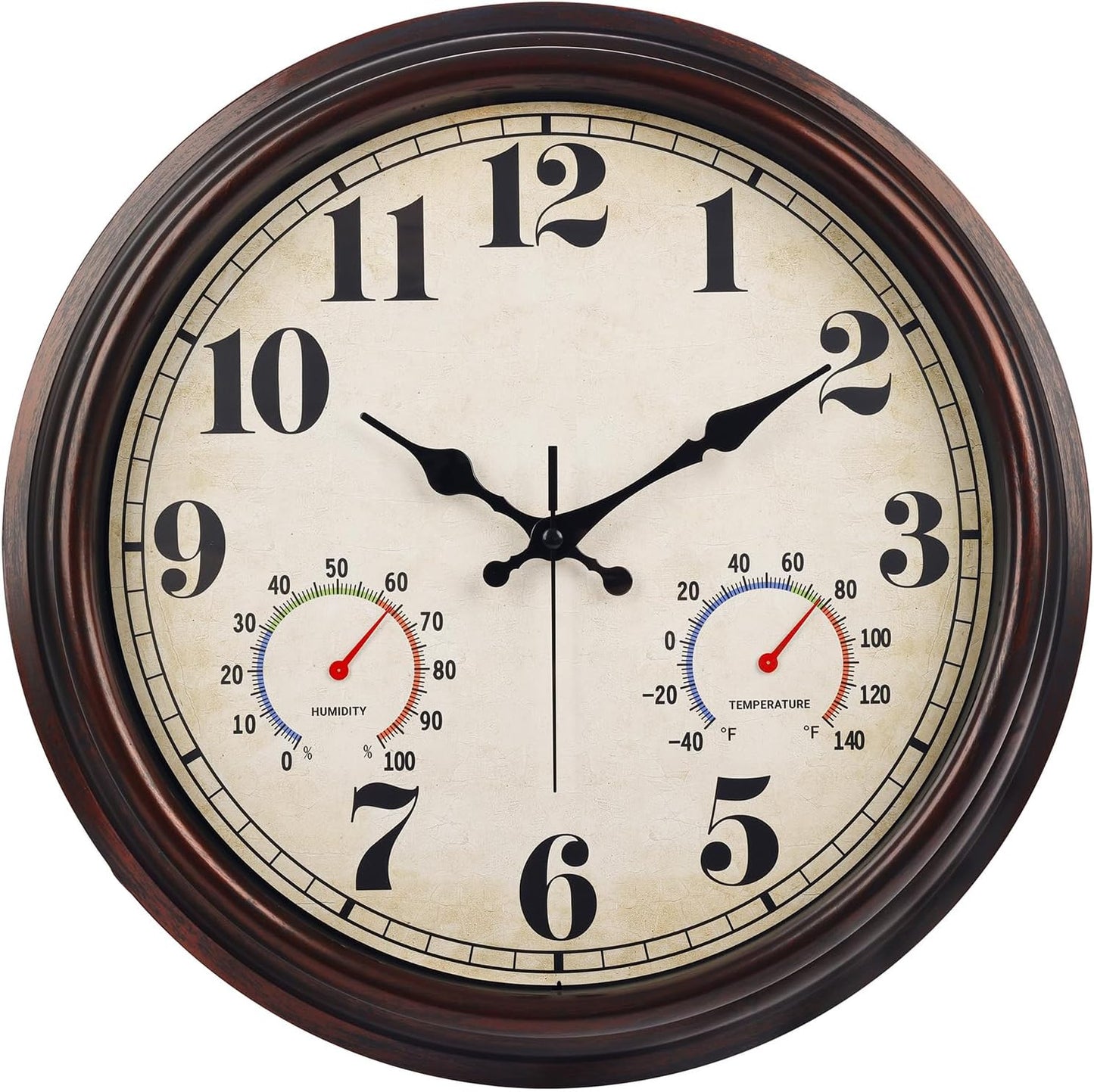 JENLYSTIME 16 Inch Dark Brown Vintage Wall Clock with Thermometer & Hygrometer - Waterproof Decorative Indoor/Outdoor Clock with Large Numerals & Silent Sweep Movement - Ideal for Porch, Garden, Pool