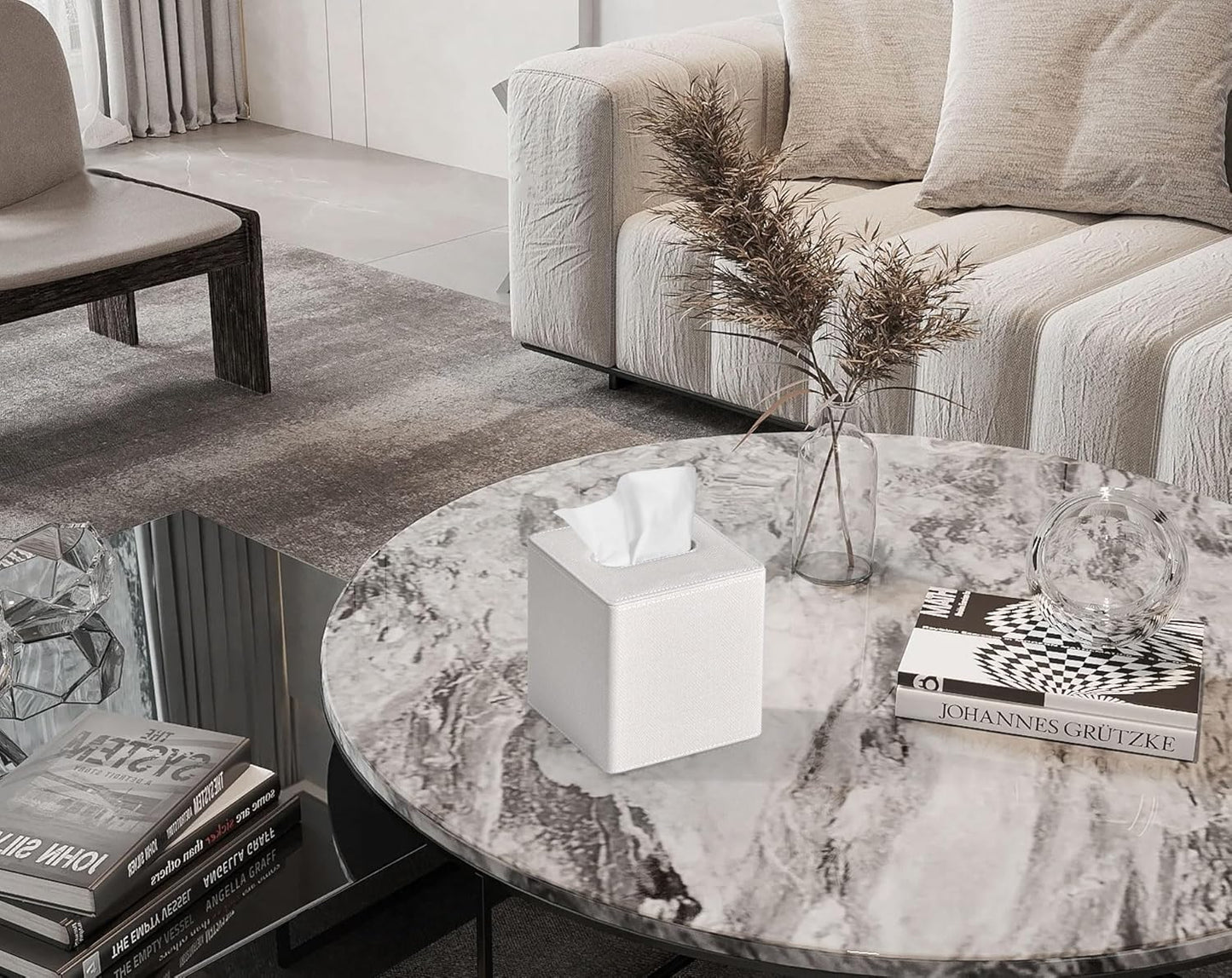 Tissue Box Cover Square PU Leather Facial Tissue Box Holder for Dresser Bathroom Decor (Linen Beige)