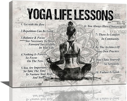 Yoga Life Lessons Wall Art - Retro Poster Motivational Decor Canvas Print for Bedroom, Bathroom, Living Room, Gym - 16x12