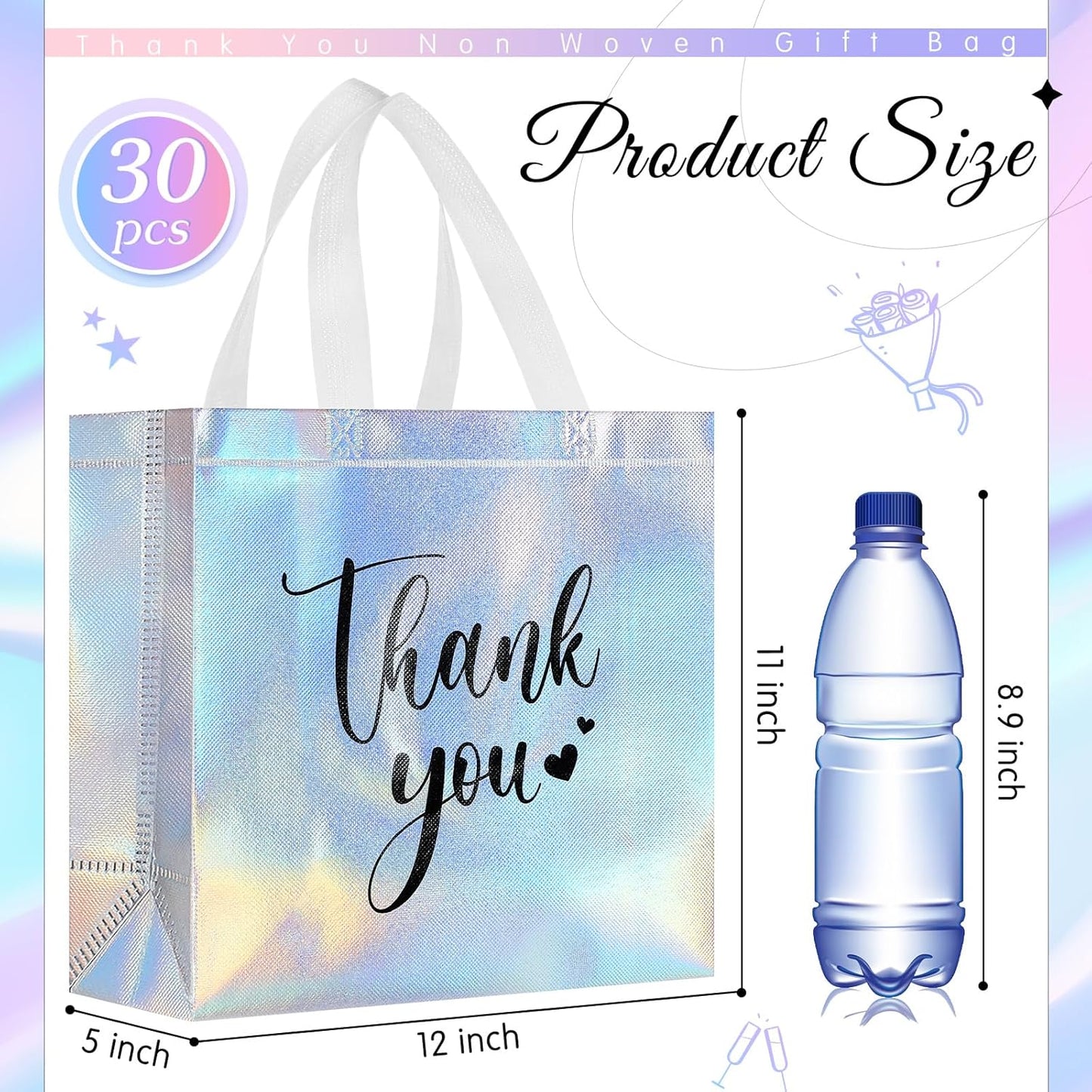 Sweetude 30 Pcs Thank You Gift Bags with Handles Bulk Reusable Goodie Bag Non Woven Foldable Handbag for Graduation Wedding Bridesmaid Gifts (11 x 12 x 5 Inch,Laser)