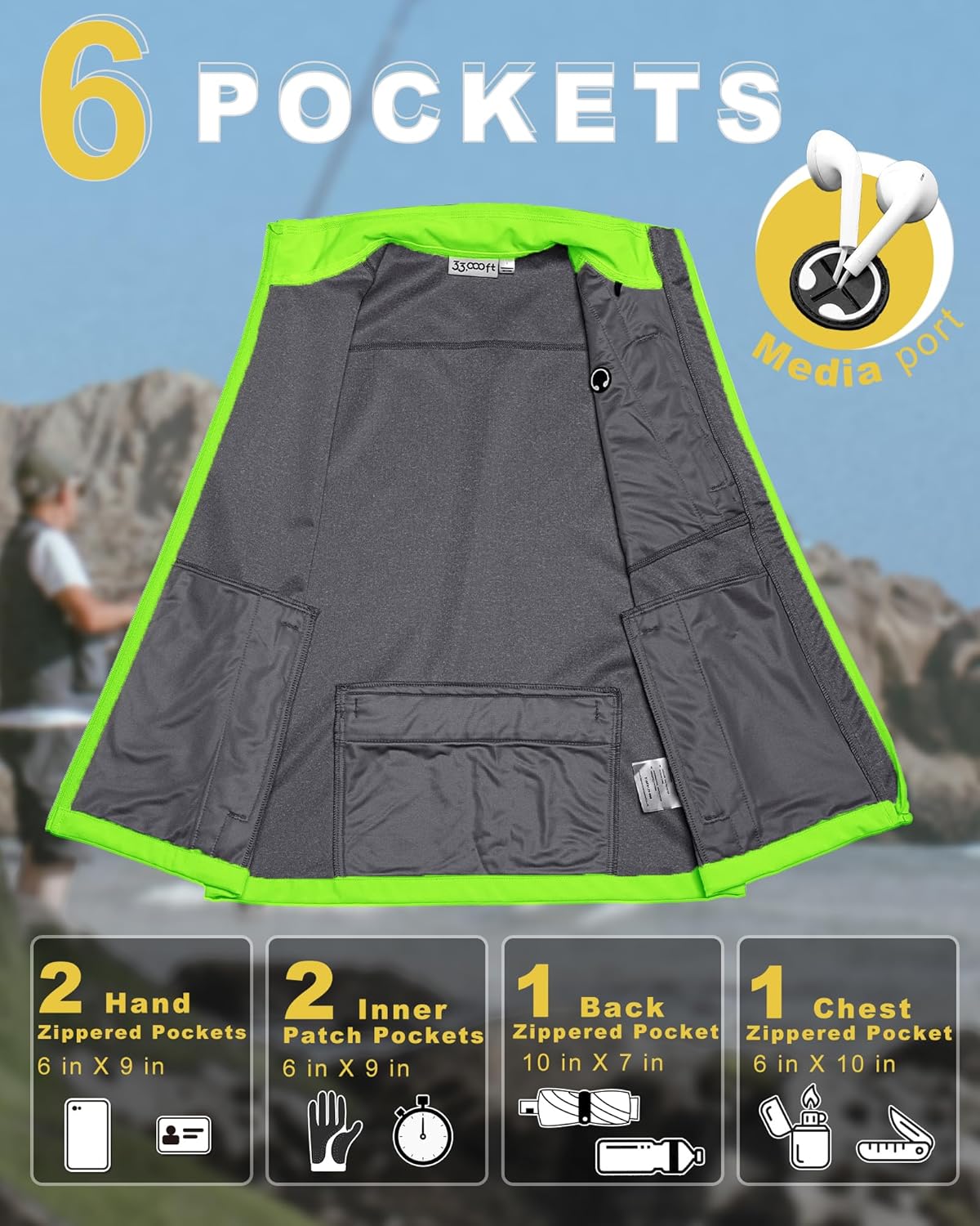 33,000ft Men's Windproof Lightweight Golf Vest Outerwear with Pockets, Softshell Sleeveless Jacket for Running Hiking Sports
