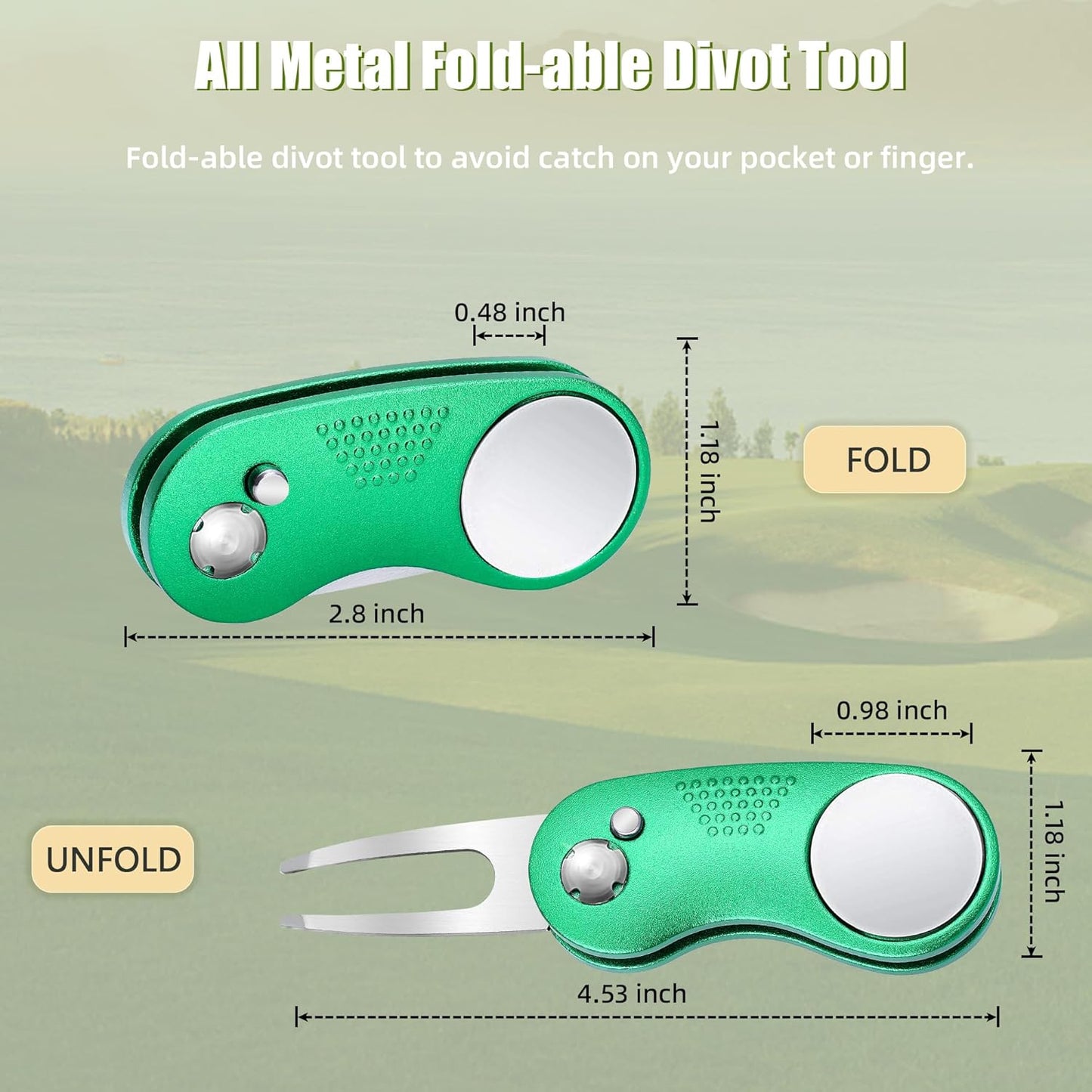 Mile High Life Golf Divot Repair Tool, All Metal Foldable Divot Tool with Pop-up Button & Magnetic Ball Marker