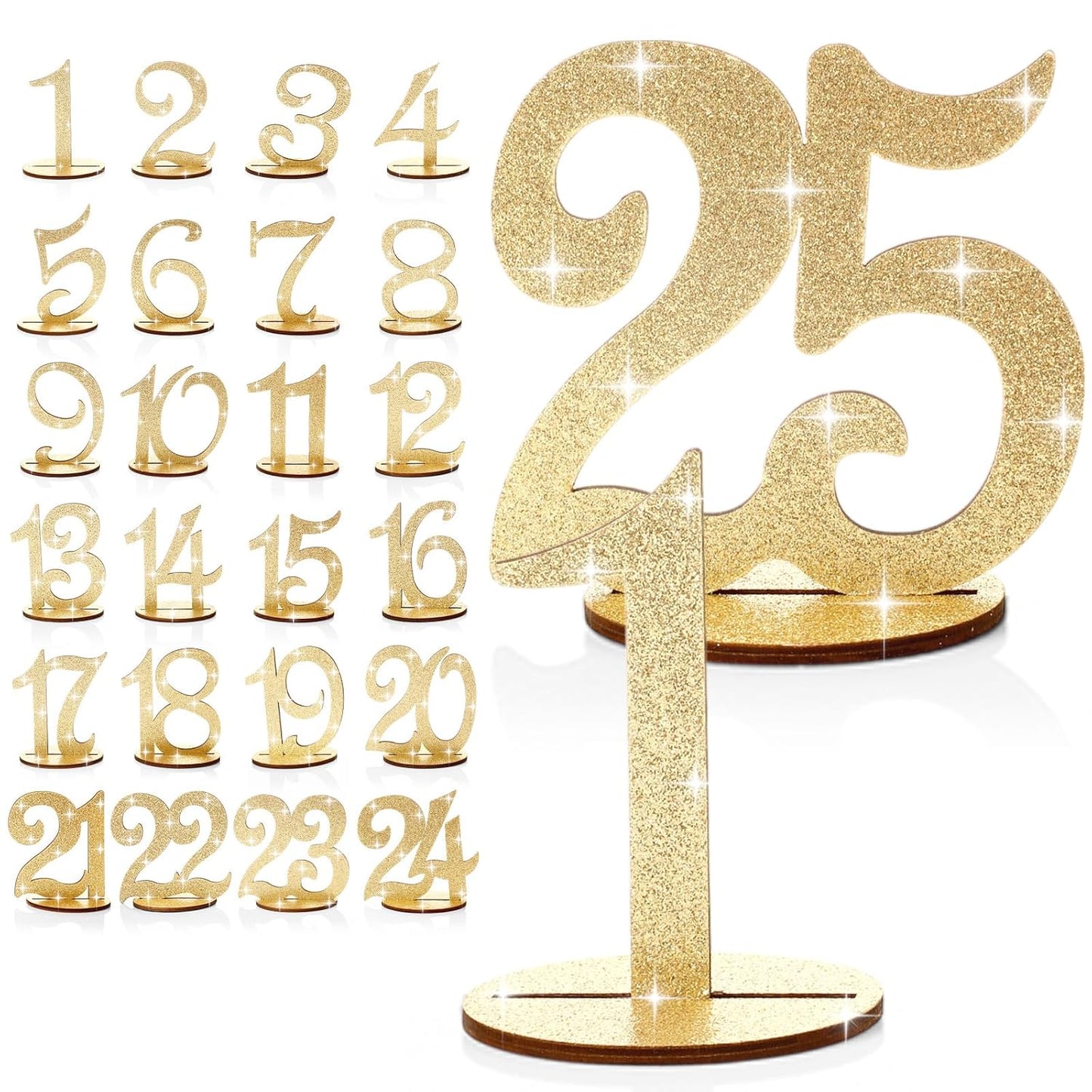 Glitter Table Numbers 1-25 Wooden Table Numbers for Wedding Reception Standing Seat Place Cards with Holder Base for Wedding Party Event Catering Receptions Banquets(Gold)