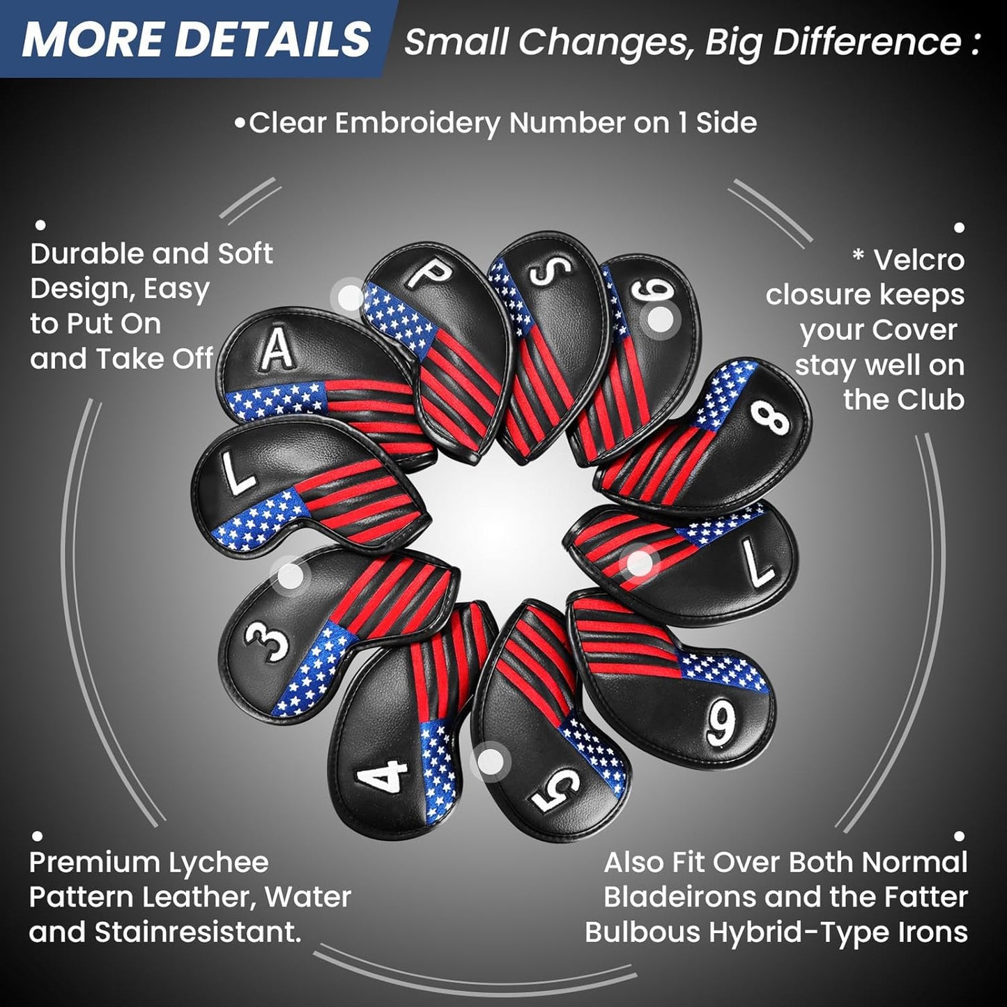 FINGER TEN Golf Club Covers for Irons Magnetic Value 11 Pack, Synthetic Leather Deluxe Head Cover Set Headcovers for Irons Fit Main Iron Clubs