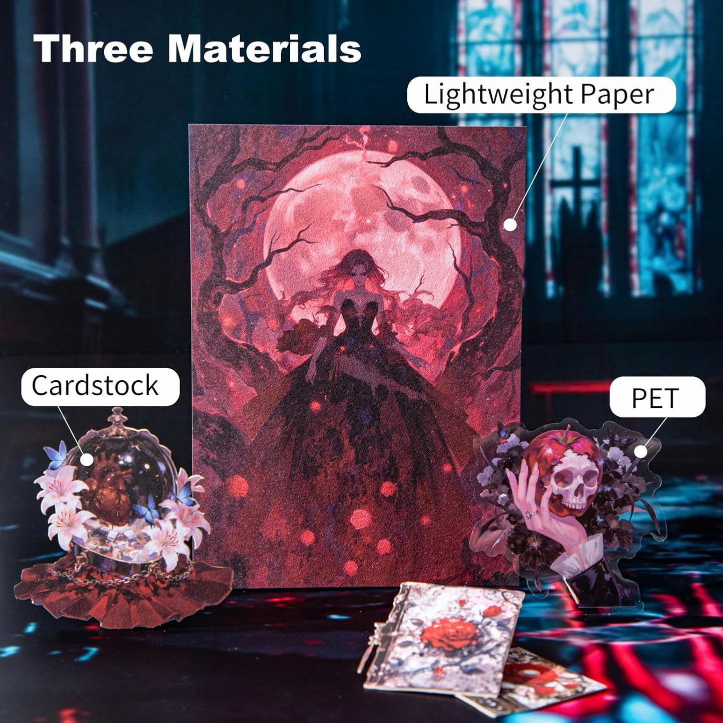 Gothic Banquet Scrapbook Stickers Pack - 120 Gothic Ephemera Designs for Journal, PET/Cardstock/Lightweight Paper, Aesthetic Dark Academia Decor