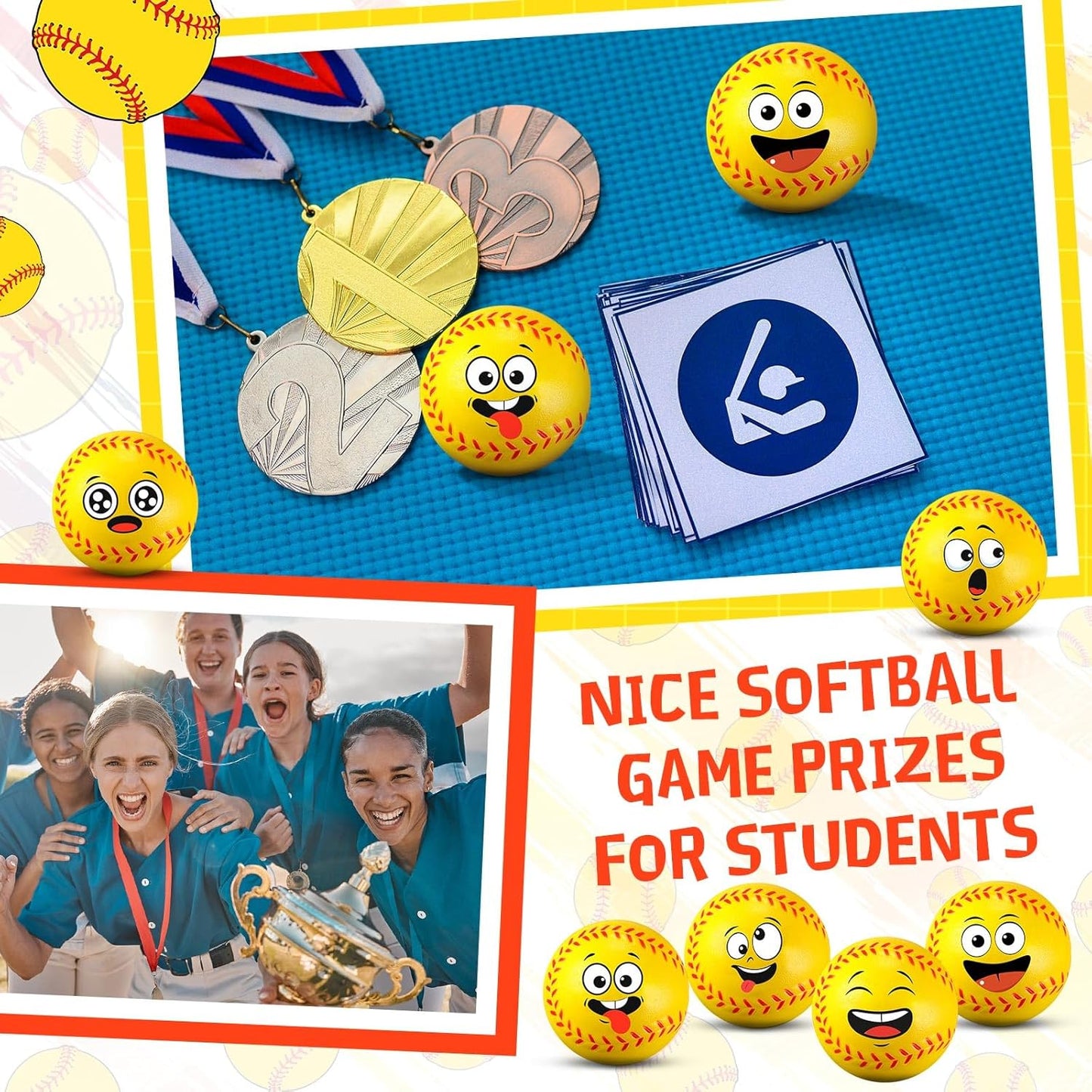 12 Pcs Mini Face Stress Balls for Boys Girls Sport Funny Face Squeeze Foam Balls for Stress and Anxiety Relief for Party Favors Birthday Gift Decoration(Softball)