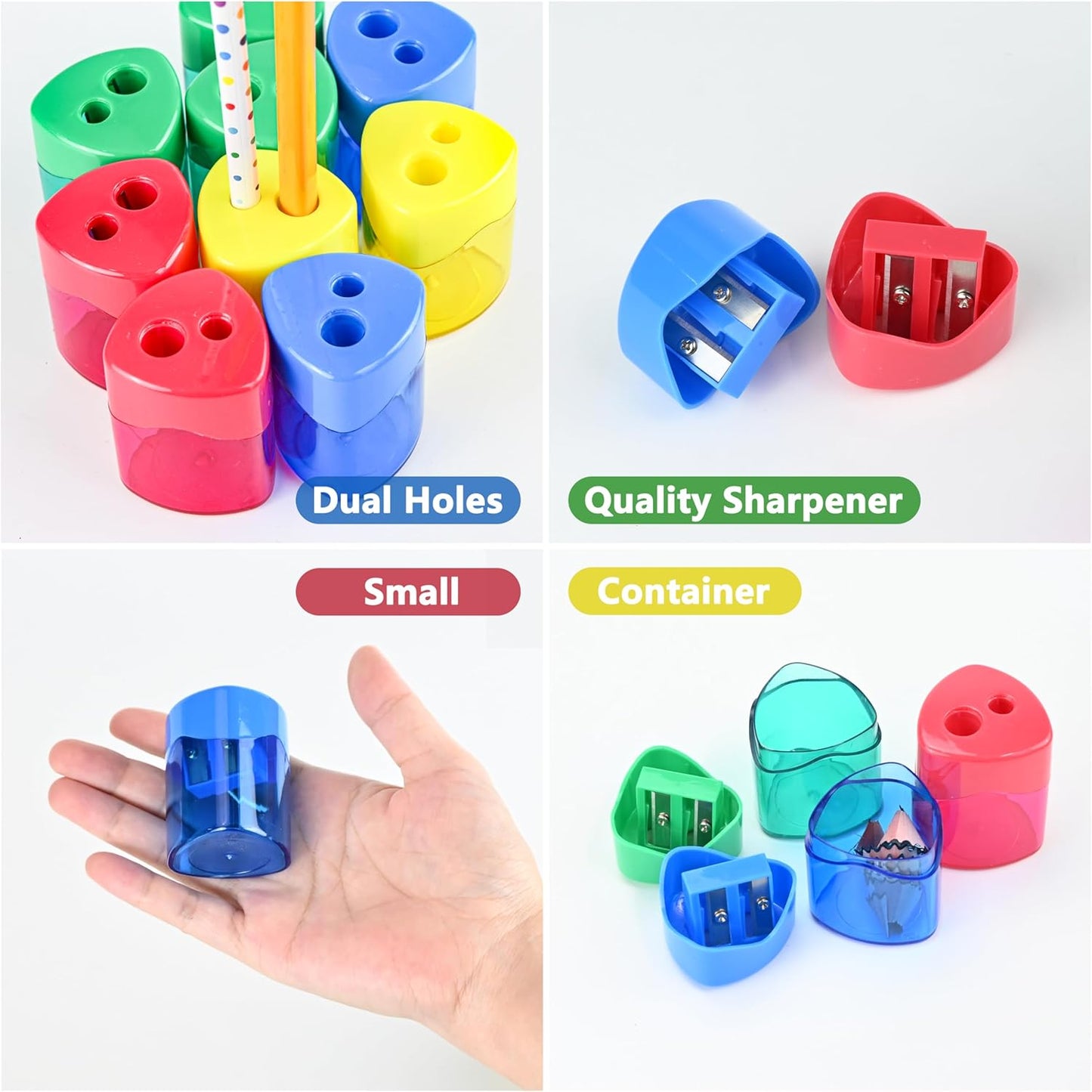 AUSTARK 24Pcs Pencil Sharpener Manual, Assorted Color Small Dual Hole Pencil Sharpeners Bulk with Lid for School Office Home (Triangle-24)