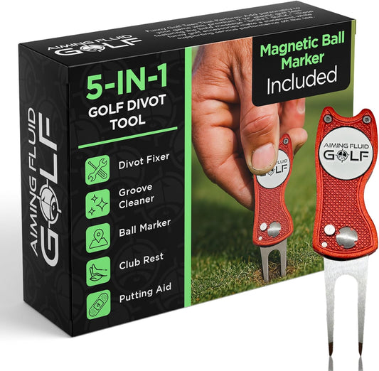 Golf Divot Repair Tool — 5-in-1 Golfing Ball Marker, Pitch Mark Repair, Putting Alignment, Club Tee, and Groove Cleaner, Accessory Metal Switchblade Design - Ideal Gift for Golfers