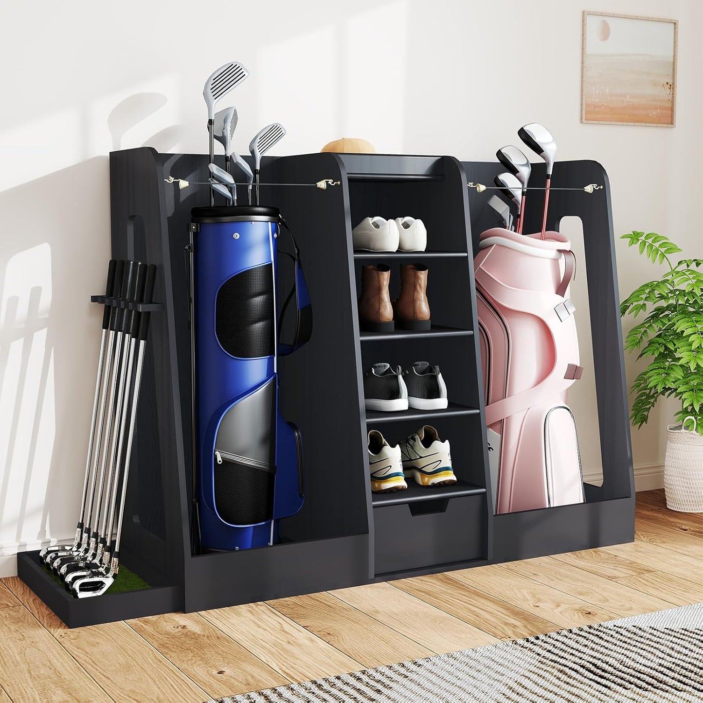 Wooden Golf Bag Organizer and Storage Rack, Golf Storage Organizer for Garage, Golf Bag storage Rack, Holds 2 Golf Bags and Golfing Equipment, Suitable for Garage Golf Club Home