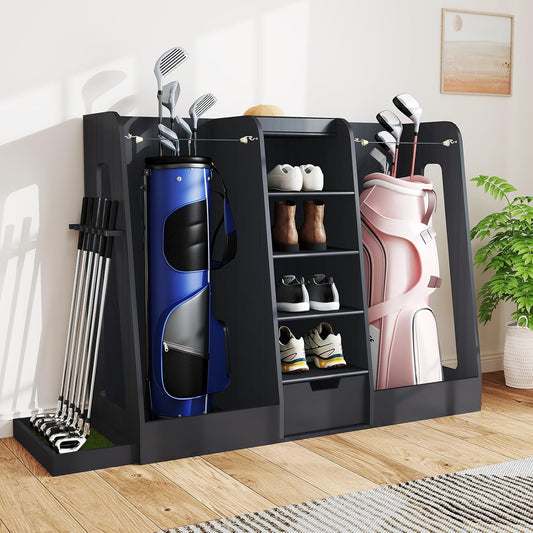 Wooden Golf Bag Organizer and Storage Rack, Golf Storage Organizer for Garage, Golf Bag storage Rack, Holds 2 Golf Bags and Golfing Equipment, Suitable for Garage Golf Club Home