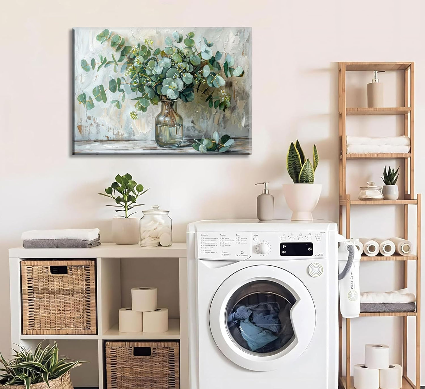 Eucalyptus Flower Glass Vase Canvas Wall Art Bathroom Wall Decor Vintage Farmhouse Botanical Posters Painting Rustic Mason Jar Flower Arrangement Pictures Print for Bathroom Bedroom Decoration Framed