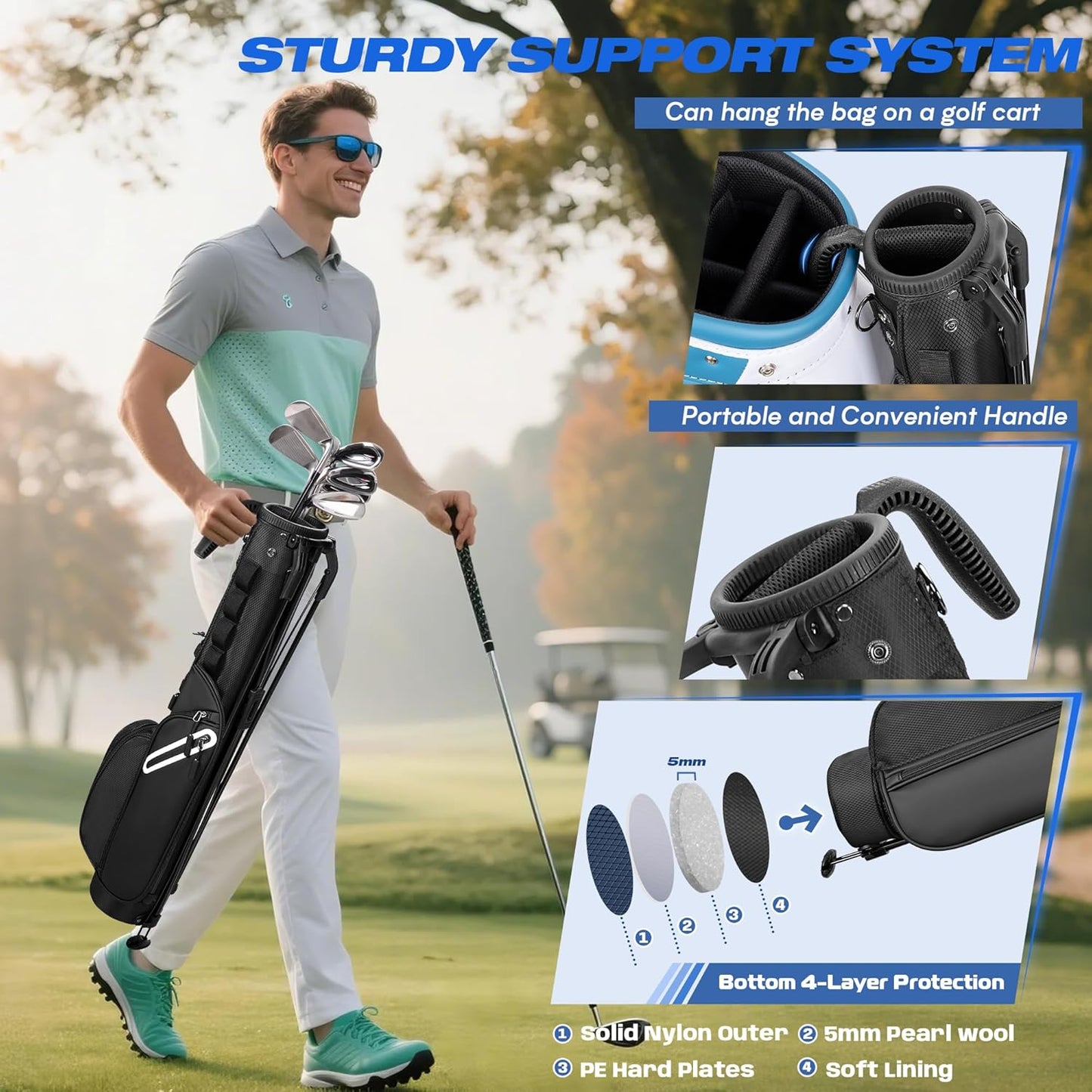 Golf Stand Bag Fit Up to 7 Clubs, Compact Design for Par 3 Courses and Driving Range, Lightweight Pitch and Putt Golf Bag, with Padded Double Strap, Rain Cover, Accessory Pockets