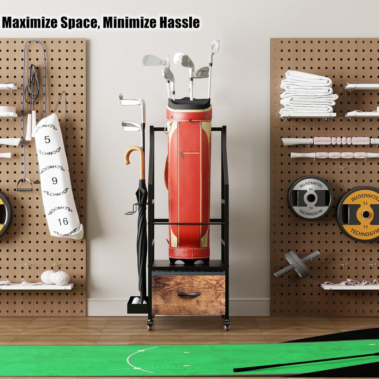 Golf Bag Organizer Rack with Wheels, Golf Storage Organizer for Garage,Golf Stand & Accessories,Brown Garage Organizer Fit Single Golf Bags