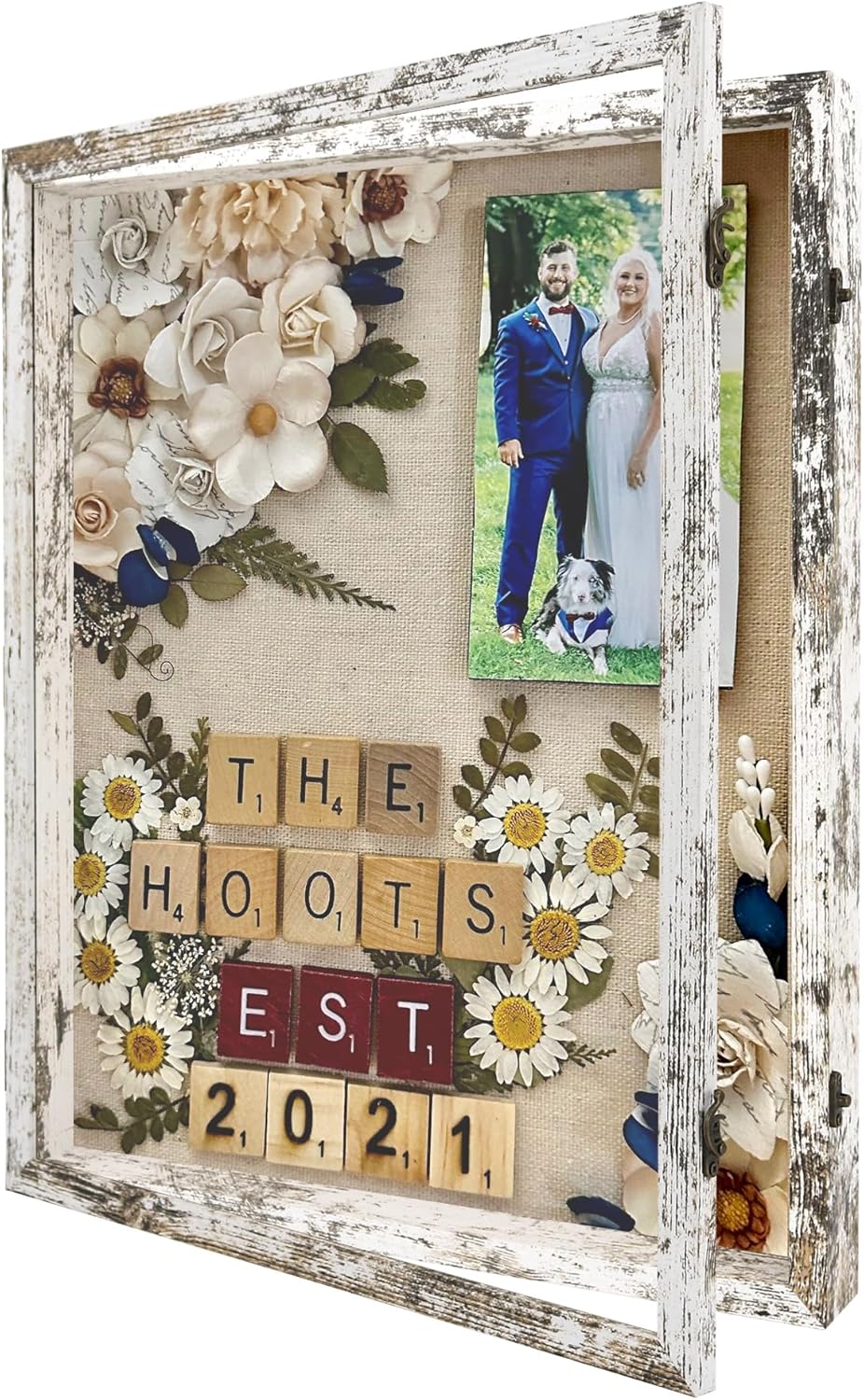 GraduatePro Shadow Box Frame 16x20 Display Case with Linen Back, Plexiglass Window Door with Hinge, Picture Frame Wedding Bouquet Memorabilia Medals Photos Memory Box for Keepsakes Rustic White