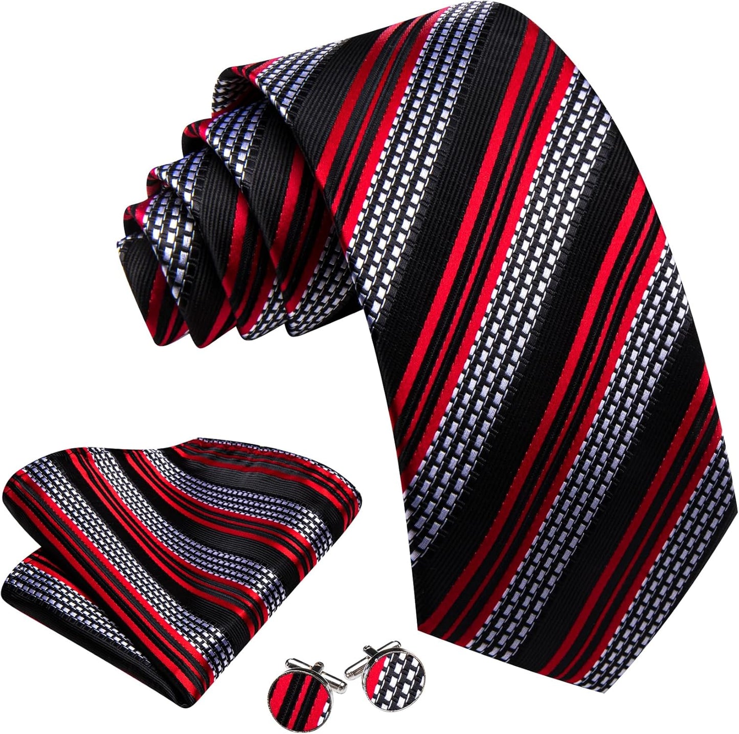 Barry.Wang Designer Classic Ties for Men Set Formal Pocket Square Cufflink Check Plaid
