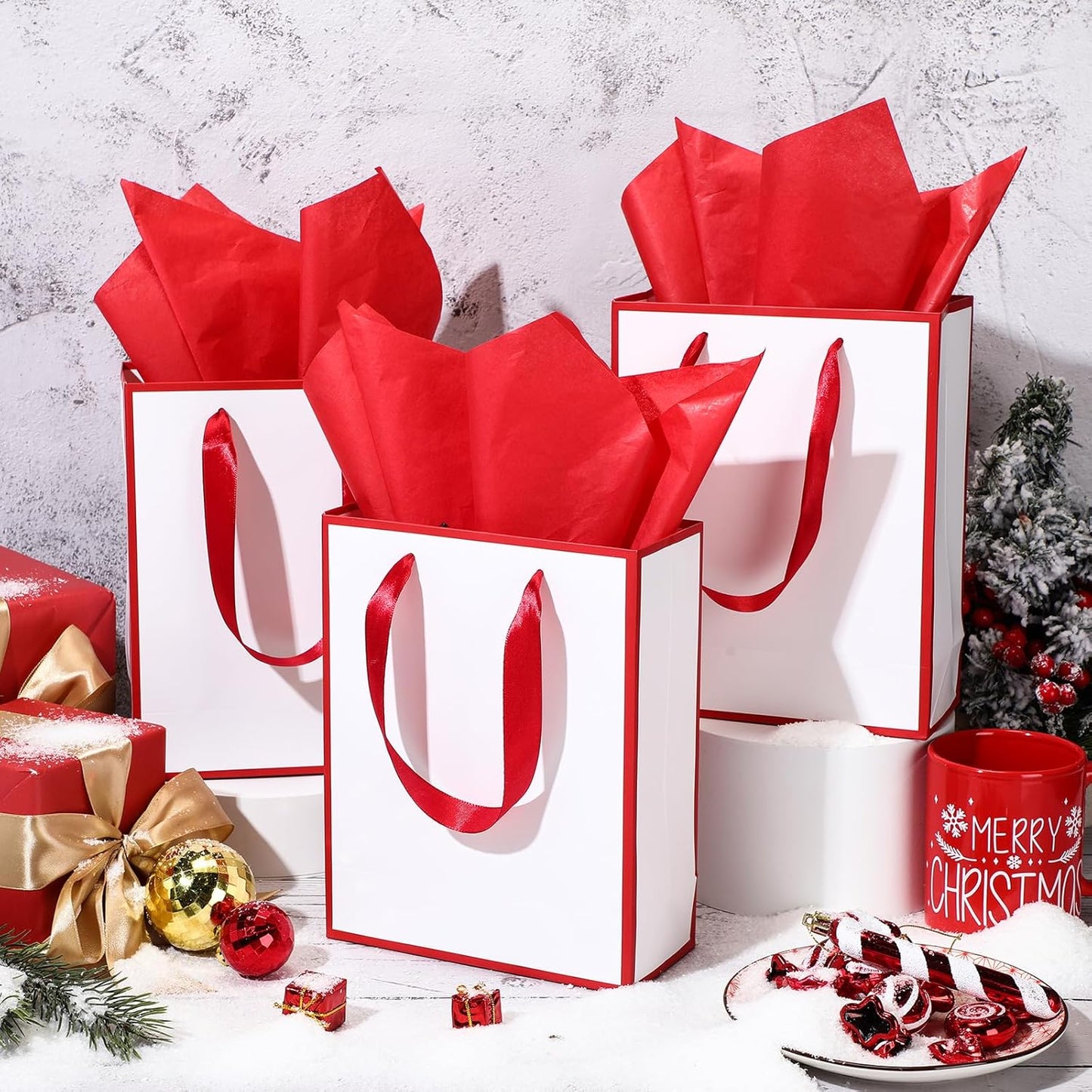 Yeaqee 24 Pack Metallic Paper Gift Bags with Handle and Tissue 9x7x3.1 Gold Foil Welcome Favor Bags Return Gifts for Wedding Fall 5 Senses Christmas Bridesmaid Birthday(White, Dark Red)