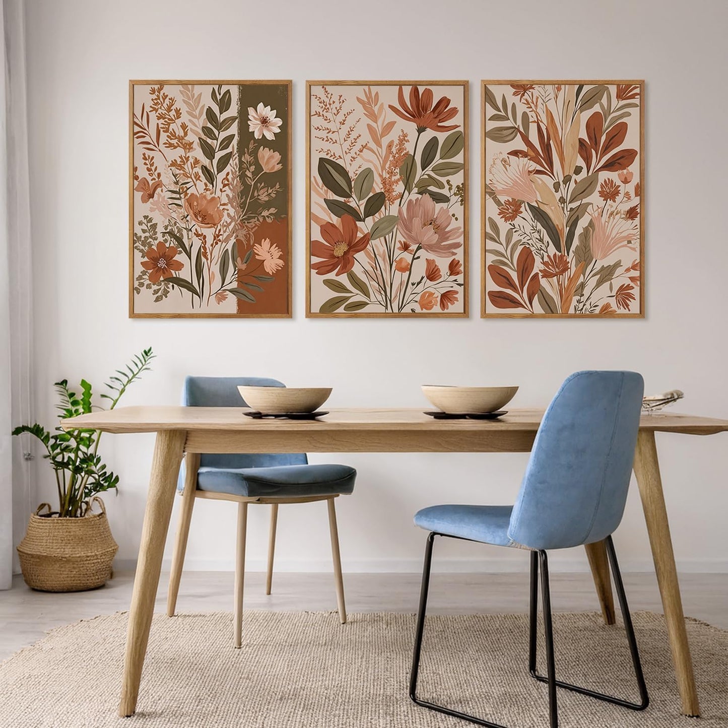 MTFBWY Framed Boho Botanical Wall Art Set of 3 – Earth Tone Floral Canvas Prints, Neutral Beige Abstract Flower Pictures for Home Living Room Bedroom Wall Decor, 16L x 12W
