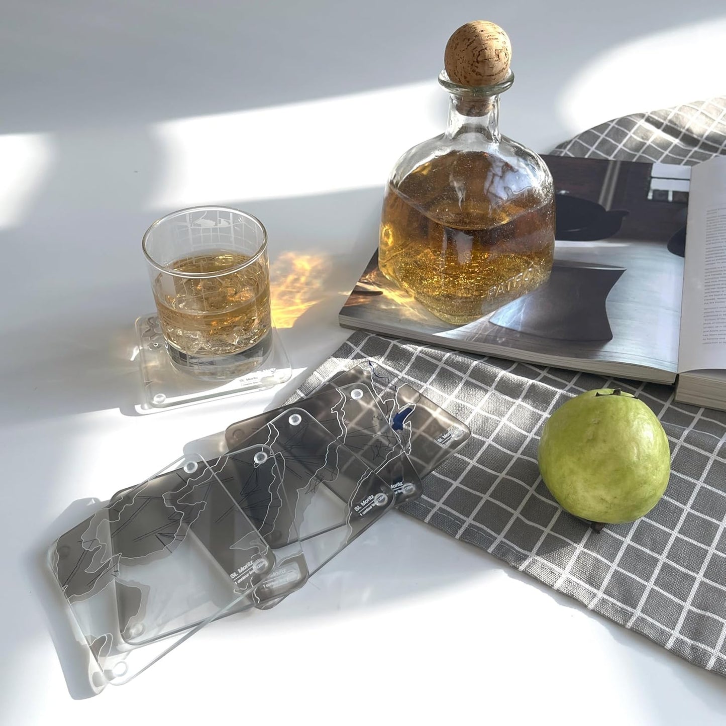 St. Moritz, Swiss 3D Contour Map Glass Drink Coasters of Mountains, Ski Resort, Set of 6 with Holder, Housewarming Birthday Gifts, Home Decor