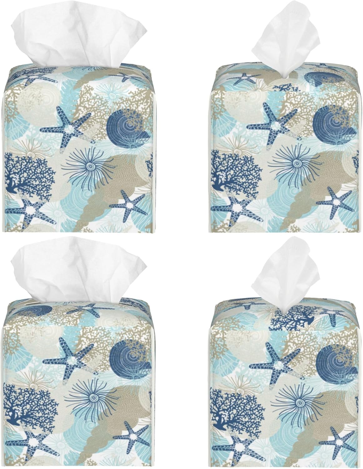 Tissue Box Holder Corals and Seashells Tissue Box Cover Square Leather Tissue Holder Organizer Portable Decorative Facial Paper Case for Home Office Bathroom Vanity Countertop