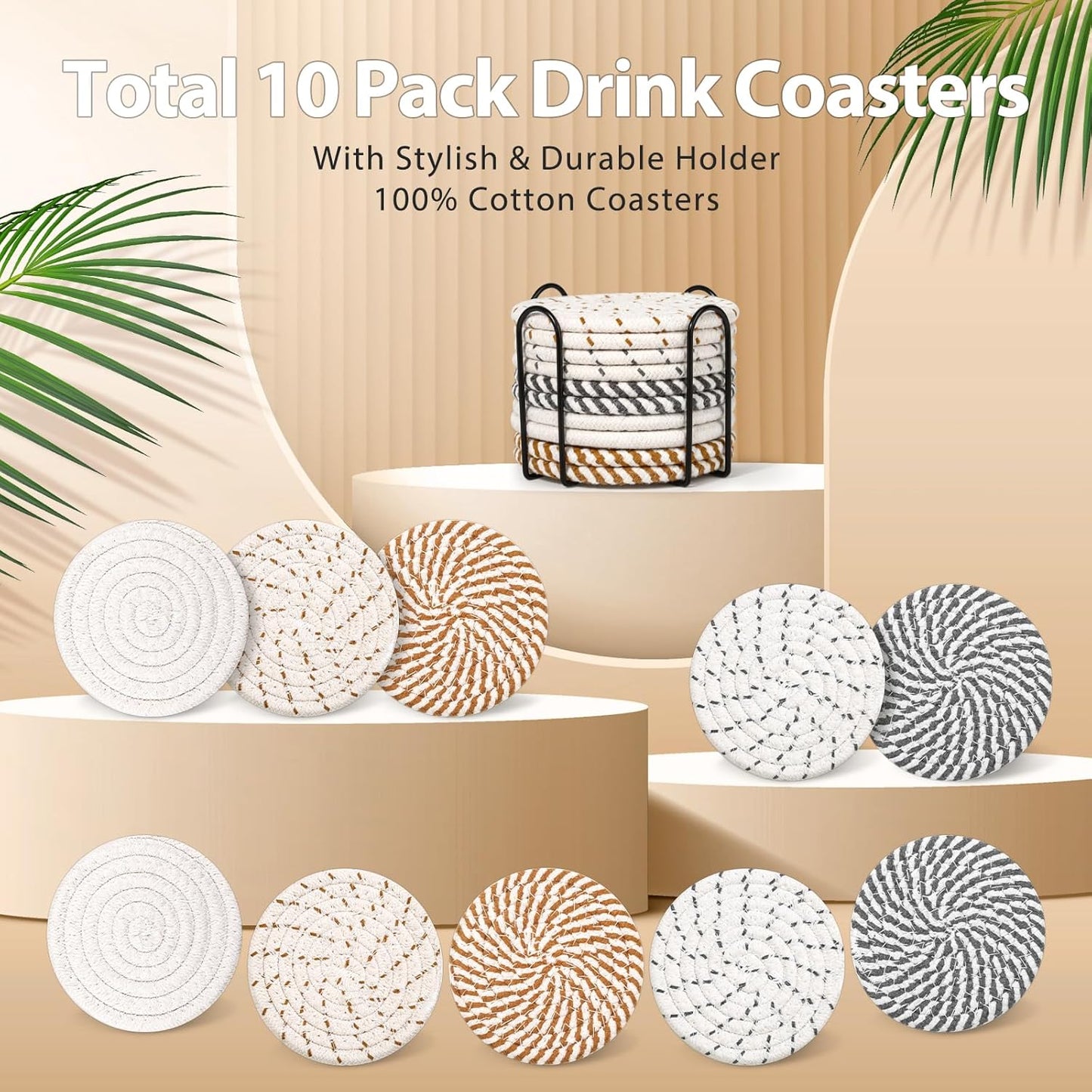 Mckanti 10 Pcs Drink Coasters with Holder, 5 Colors Absorbent Coasters for Drinks, Minimalist Boho Coasters Cotton Woven Coaster Set for Home Decor Tabletop Protection Suitable for Kinds of Cups