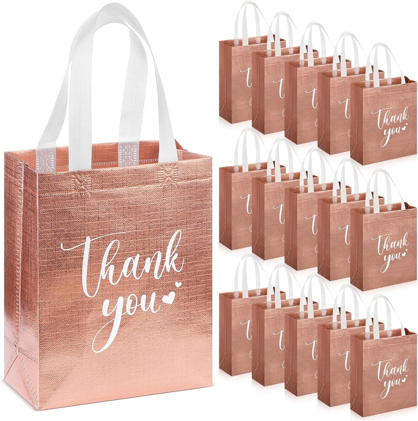 Sweetude 30 Pcs Thank You Gift Bags with Handles Bulk Reusable Goodie Bag Non Woven Foldable Handbag for Graduation Wedding Bridesmaid Gifts(10 x 8 x 4 Inch,Rose Gold)
