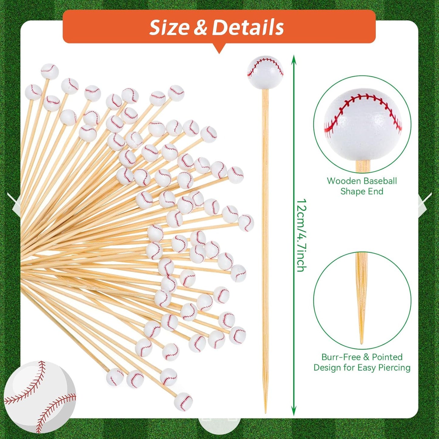 100Pcs Baseball Cocktail Picks 4.7 Inch Decorative Sports Ball End Toothpicks for Appetizers Bamboo Cocktail Sticks Skewers for Drinks, Fruits, Desserts, Charcuterie(Baseball)