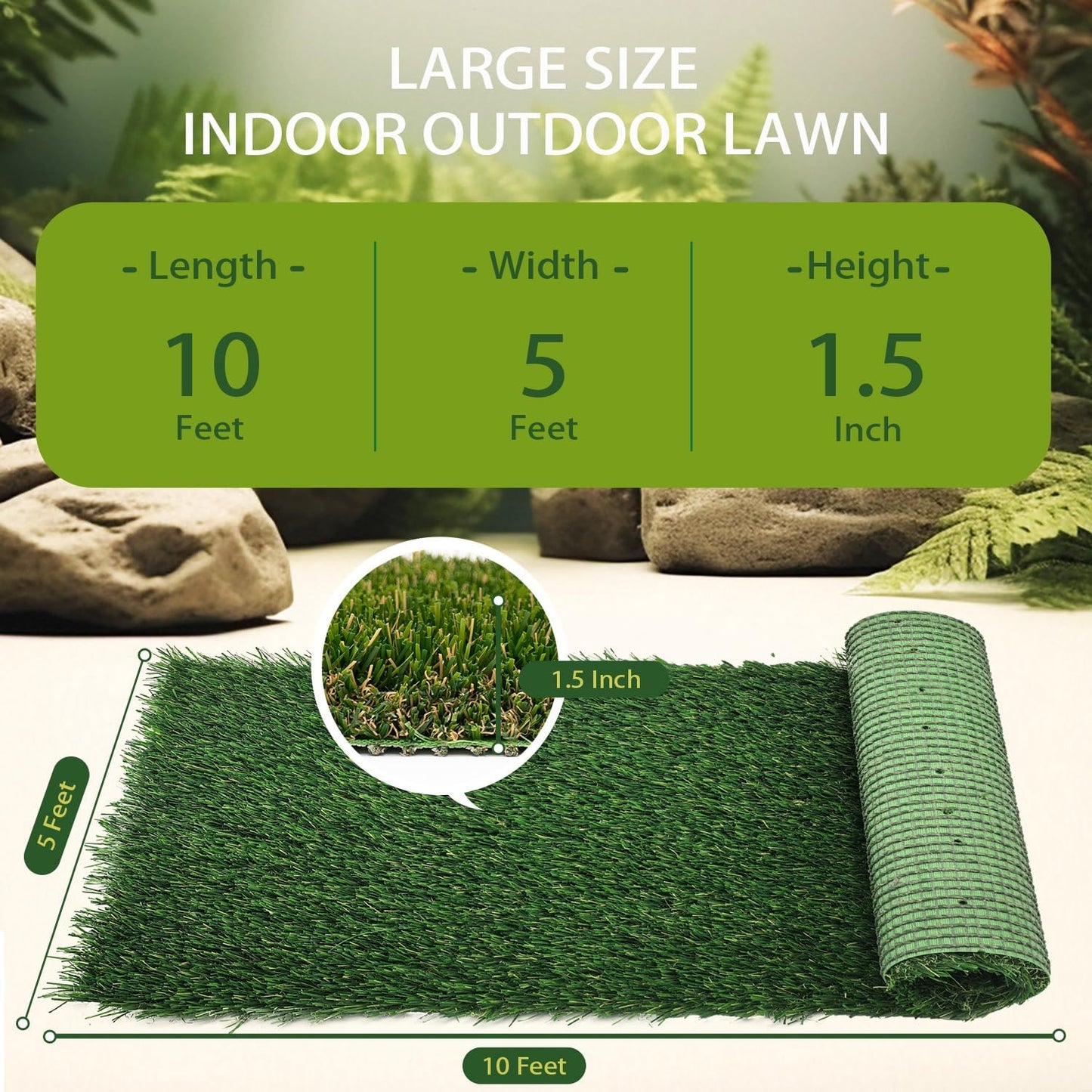 Artificial Grass Rug Outdoor Indoor,1.5 in Thick,Fake Grass Carpet Synthetic Turf Rug Realistic Turf Rug for Garden,Balcony,Patio with Drainage Holes (5FTX10FT)