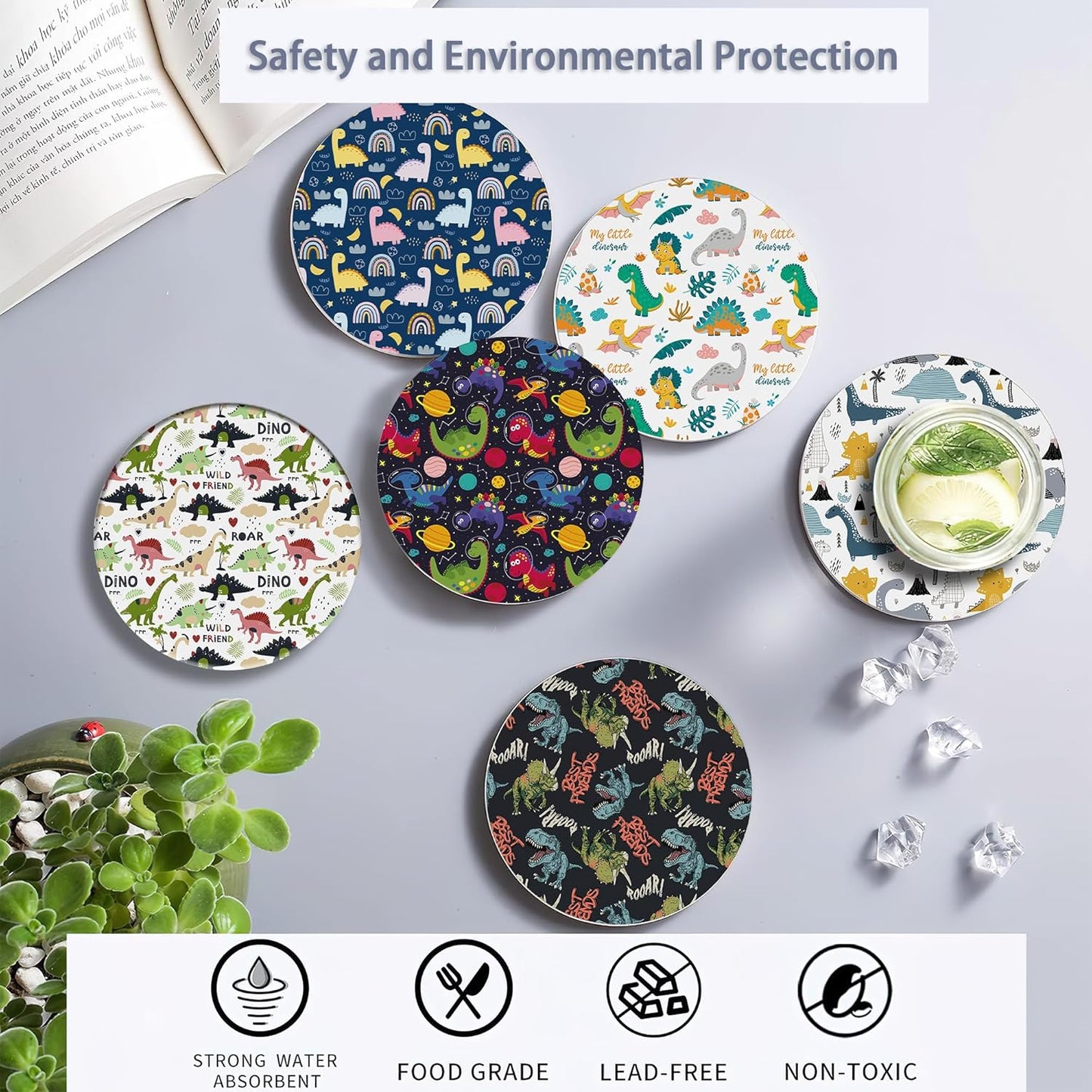 Drink Coasters Set of 6 with Holder, Dinosaur Absorbent Ceramic Drink Coaster for Tabletop Protection,Suitable for Kinds of Cups,Drinks Coasters for Home Office Decoration(4 Inches)