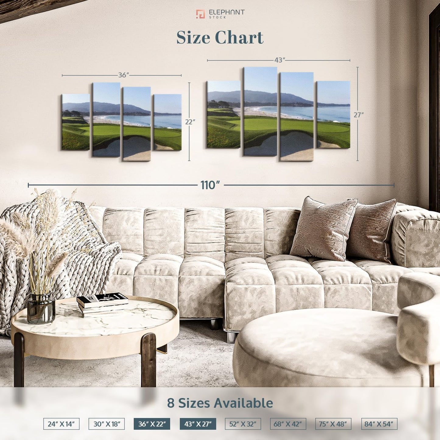 Elephant Stock Monterey CA Golf Course Wall Art - Horizontal Canvas - 4-Piece Living Room Wall Decor - Photography Sports Canvas Print - Blue and Green Decor for Wall - 43" X 27"