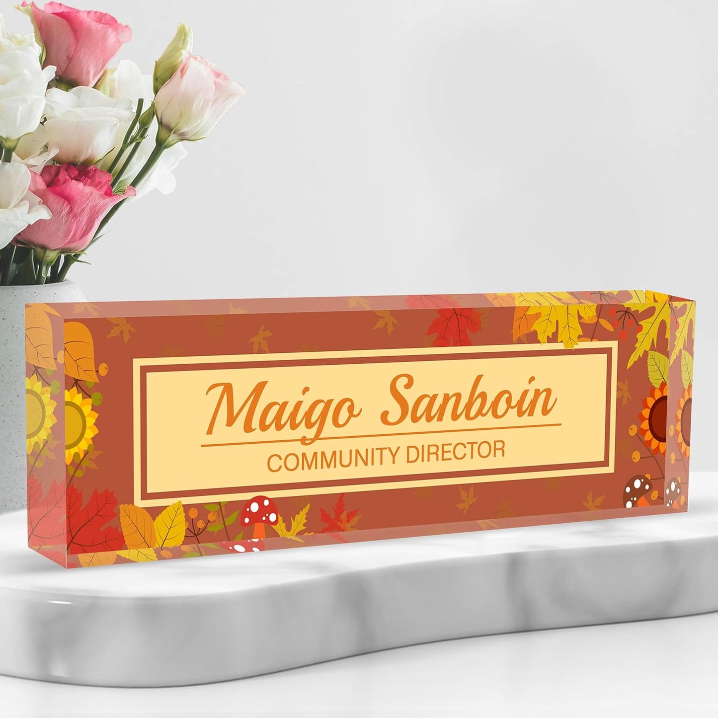 Personalized Name Plate for Desk Custom Acrylic Desk Name Plate Custom Employee Appreciation Gifts Office Gifts for Women, Men, Boss, Coworkers, Teacher, Nurse (Autumn)