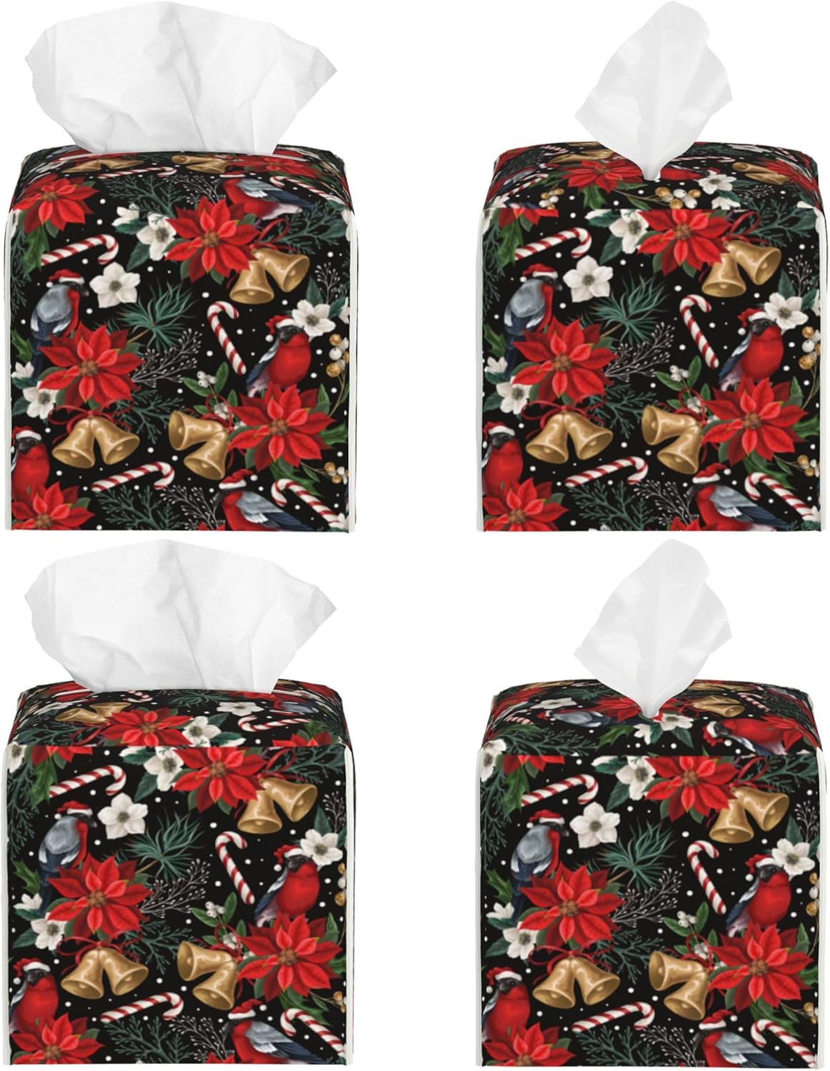 Christmas Poinsettia Flowers Tissue Box Cover Square,Xmas Bells Candy Cane Tissue Box Holder Waterproof Leather Facial Paper Organizer Dispenser for Bathroom Home Car Nightstand Vanity Desk
