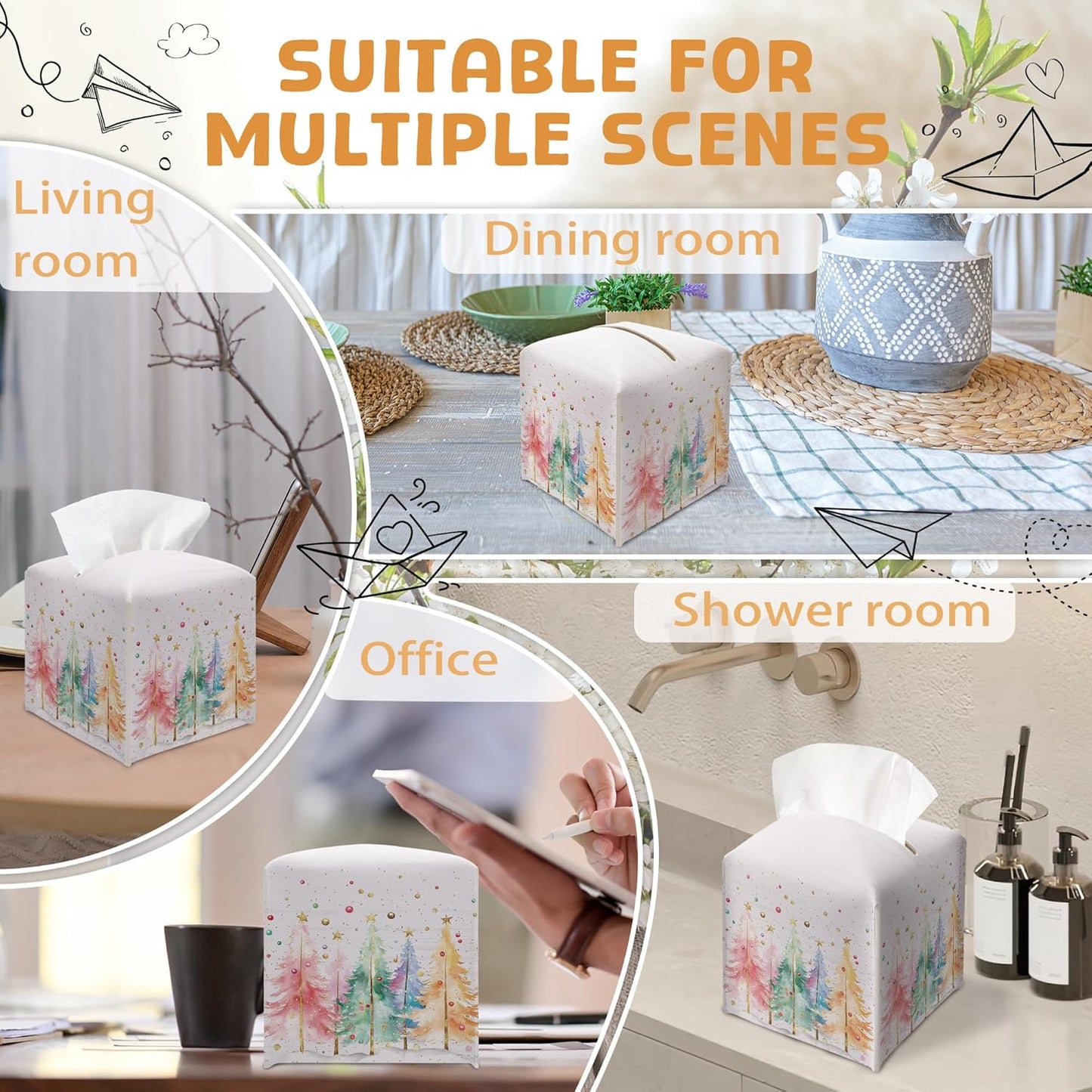 Women Tissue Box Holder, Colorful Christmas Tree Leather Tissue Box Cover Square, Paper Facial Decorative Tissues Cover for Night Stands Bathroom Kitchen Office Home Decor-B19