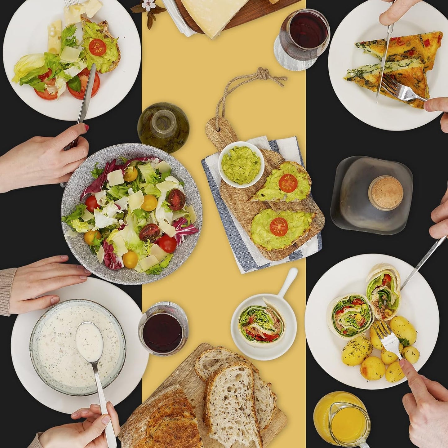 6 Pack Rectangle Plastic Dot Tablecloth Set, 54 X 108 Inch Plastic Table Cover, 12 x 108 Inch Satin Table Runners for Wedding Graduation Birthday New Year Party Decorations (Black, Gold)