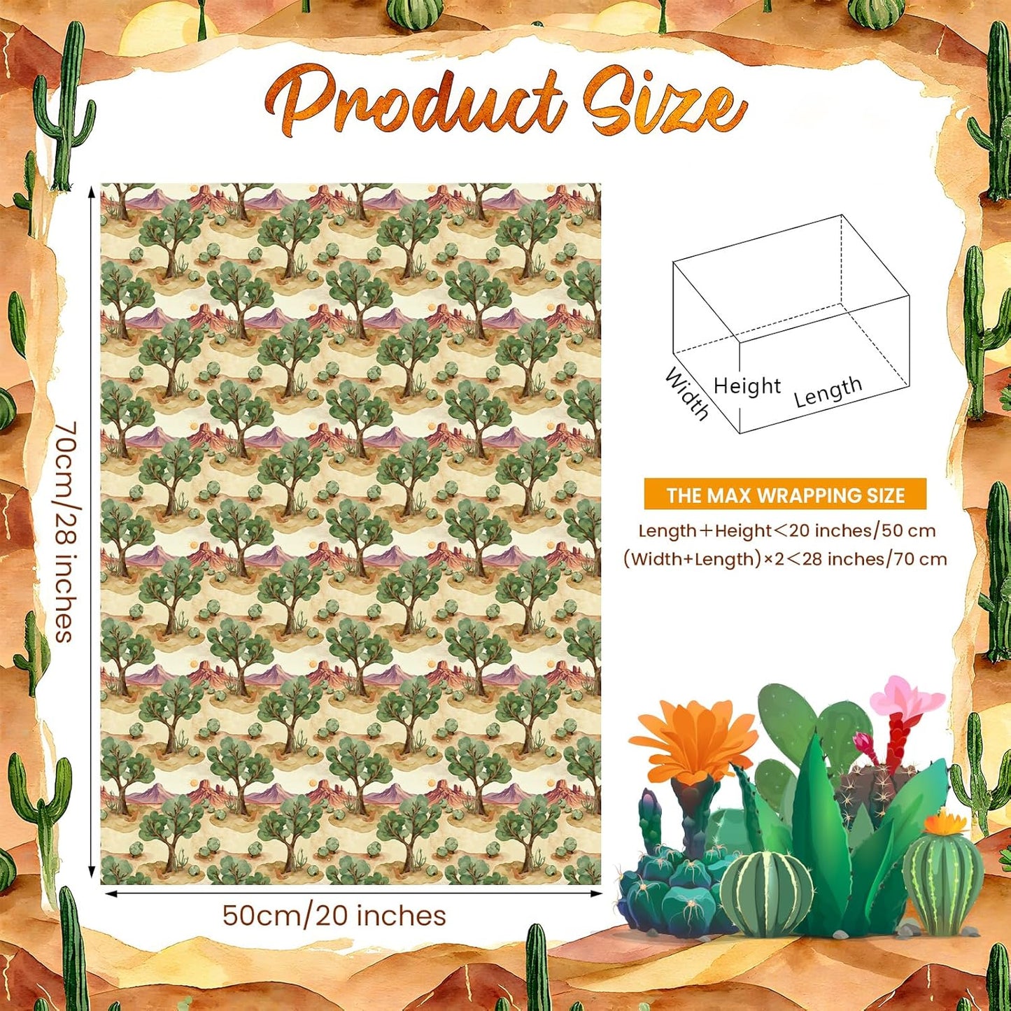 Pineraap Desert Wrapping Paper 12 Sheets Cactus Weatern Design Gift Wrap for Birthday,Holiday,20"×28"