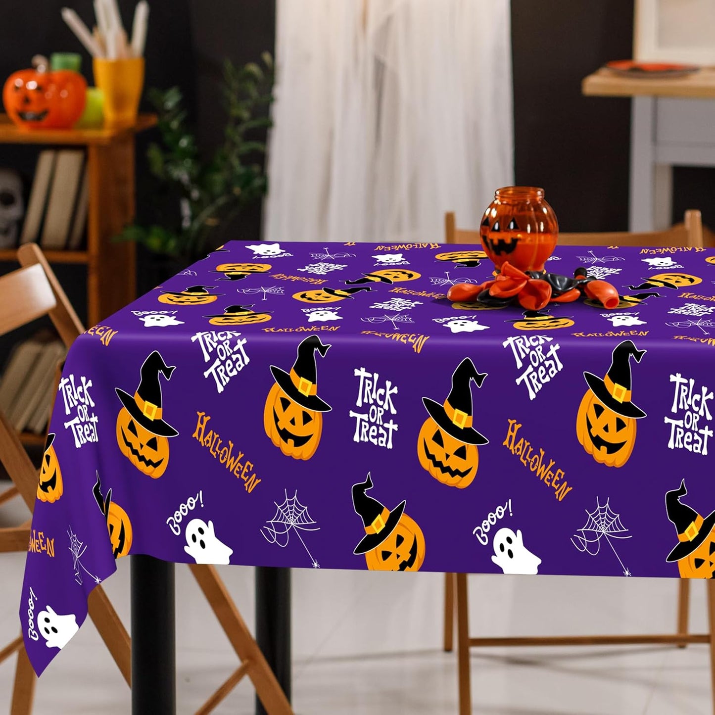 QZYL 2 Pack Halloween Table Cloths, 54 in x 108 in Pumpkin Party Decorations, Purple Black Tablecloth Disposable Plastic Table Cloth Tablecover, Halloween Party Decor Dinnerware Home