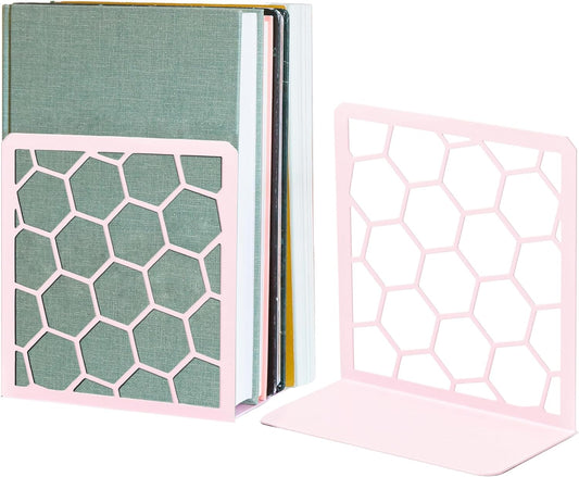 GEOMOD Geometric Honeycomb Pink Metal Bookends Decorative - Tall Sturdy Book Ends for Shelves - Modern Heavy Duty Bookend Stopper - Office or Home Book Shelf Book Holder - 6x3.25x6.25 Inches - 1 Pair
