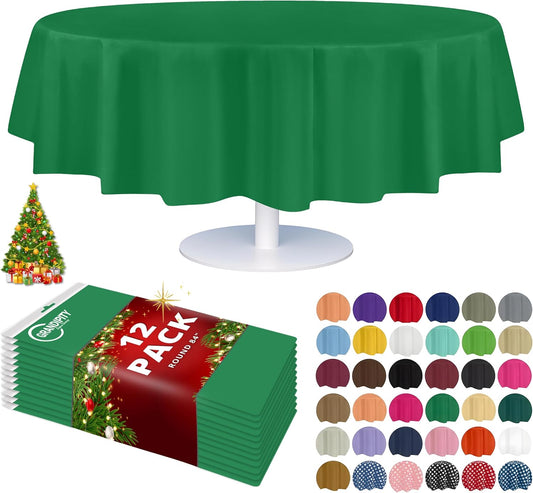Grandipity 12 Pack Premium Disposable Plastic Tablecloth 84" Inch Decorative Round Table Cover - Green