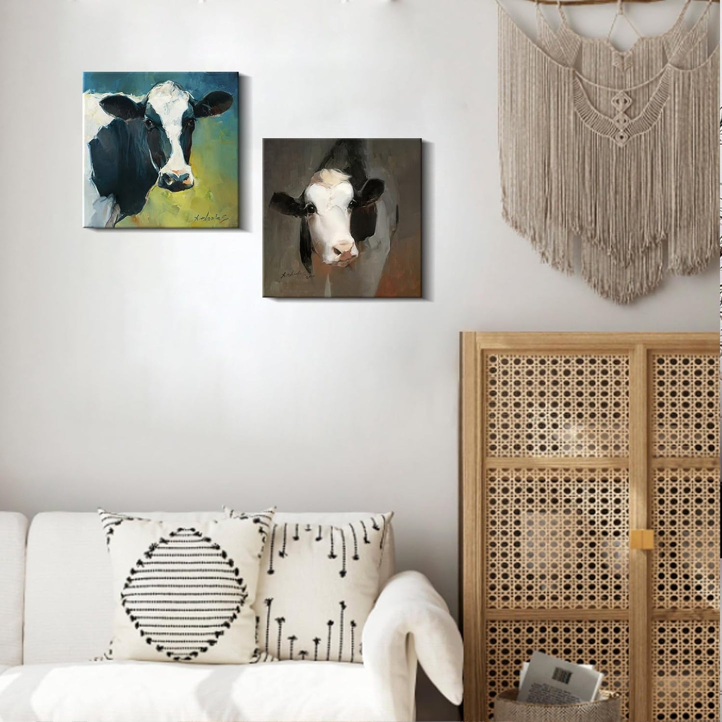 JZLDZS Farmhouse Cow Canvas Wall Art, Rustic Black & White Cow Painting Print, Country Decor for Kitchen Living Room Bathroom Bedroom, Gallery Wrapped 12x12 Inch Framed