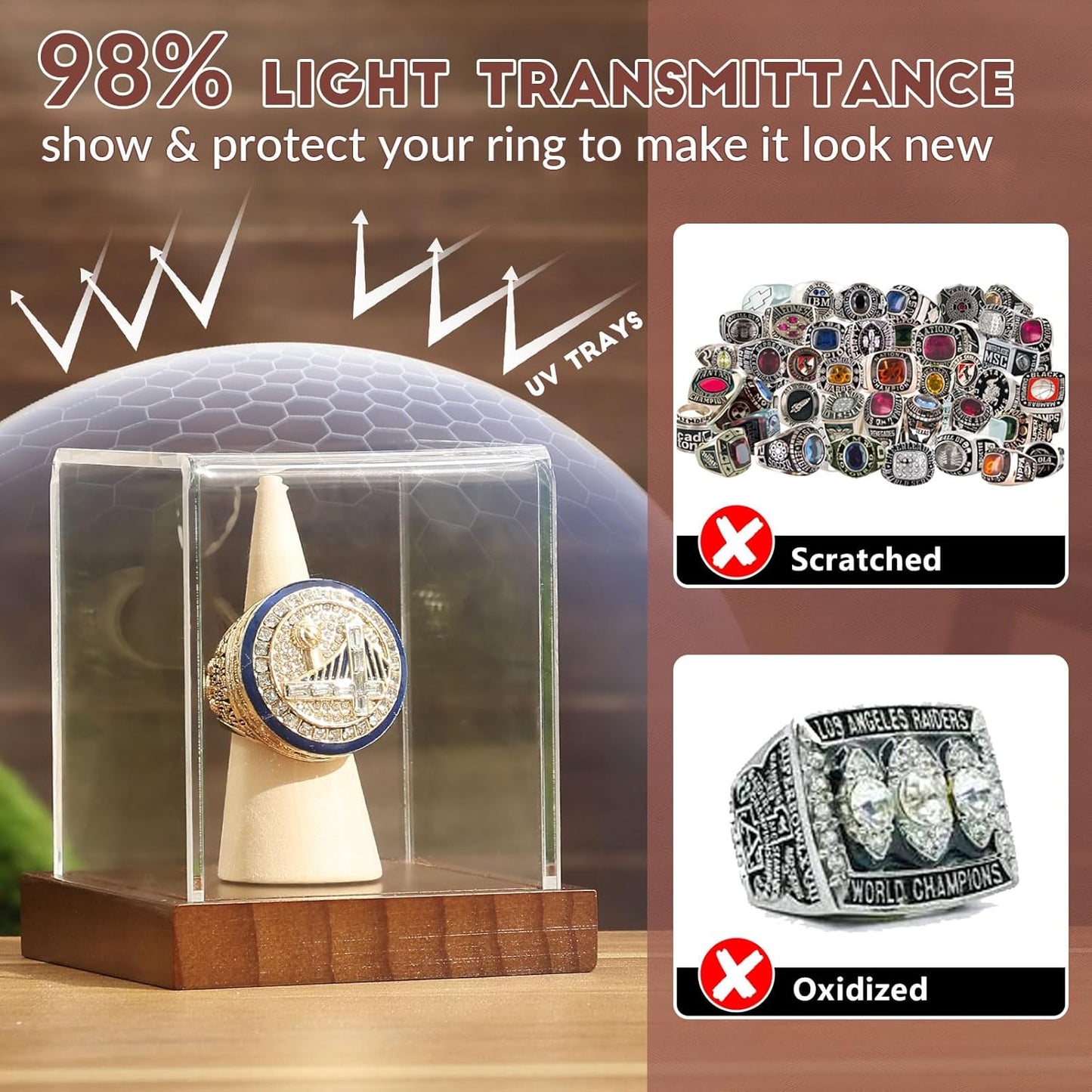 JupDec Championship Ring Display Case, Clear Acrylic Single Ring Holder with Wood Stand Base for Sports Basketball Baseball Fan Souvenirs Military, UV Protection