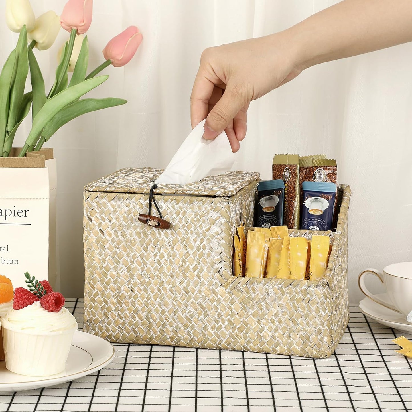 Sumnacon Tissue Box Cover-Square Woven Tissue Box Organizer for Desk Rustic Seagrass Tissue Box Holder with Side Organizer Decorative Cube Tissue Cover for Bathroom Home Office Table Counter Whitewash