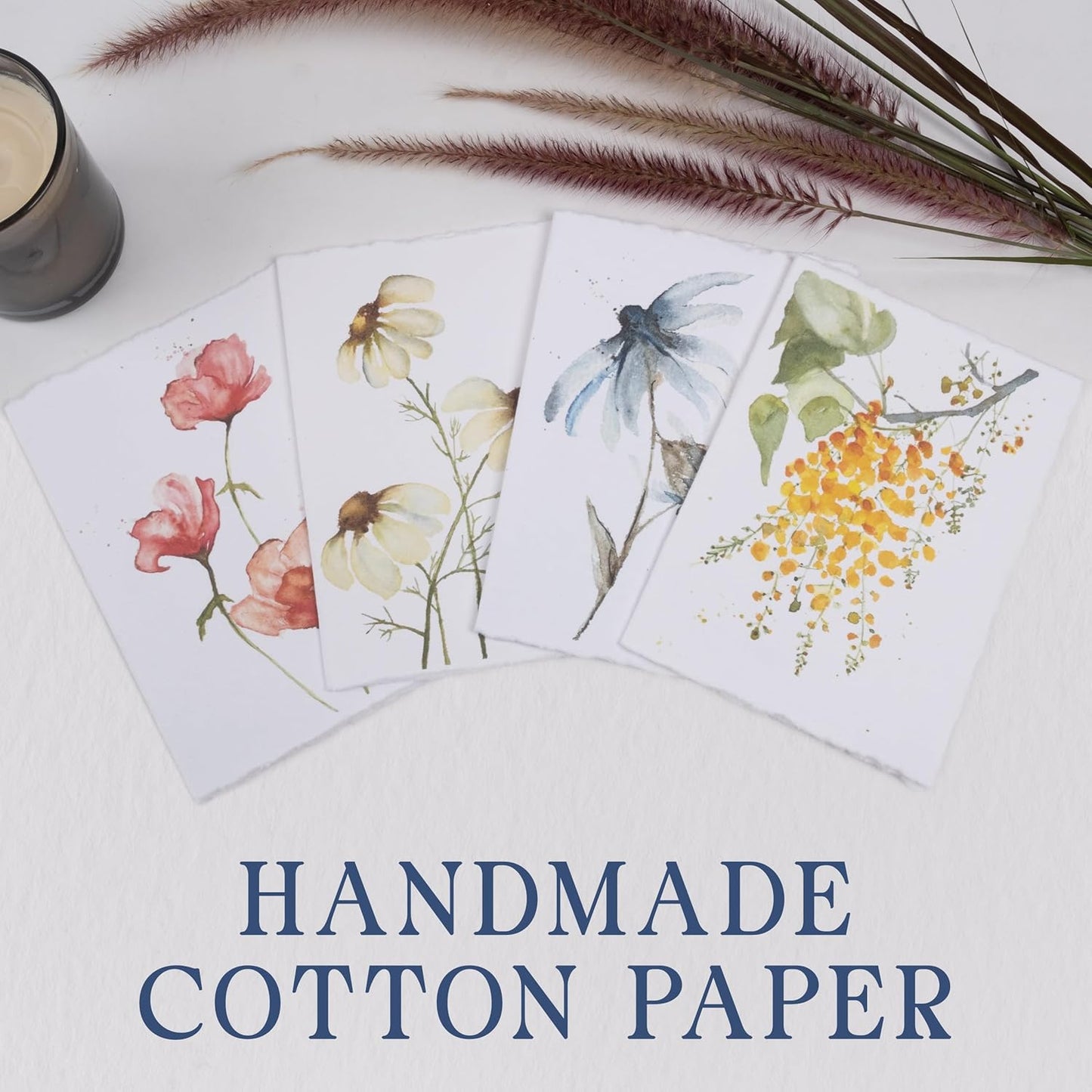 WANDERINGS Handmade Deckle Edge Blank Greeting Cards & Envelopes with Flower Art - Thick 300gsm paper– 20 Cards (5 Each of 4 Varieties) for Invitations, Thank Yous, Get Well and Birthday Cards –5x7