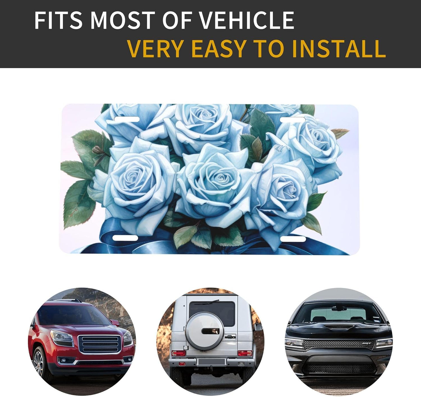 Front License Plate for Car Designs Blue Rose Flower Stainless License Plate Cover Holder for Men Women Metal Aluminum Decorative Accessory Vanity Tag Standard 6 X 12 Inch (4 Holes)