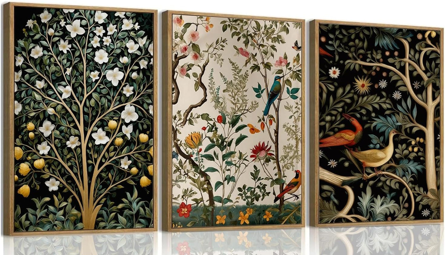 MTFBWY Vintage Botanical Wall Art Set of 3 – Framed Bird and Flower Canvas Modern Art Prints, Nature Tree Triptych Painting, Whimsical Gallery Wall Decor for Living Room Bedroom Office, 16L x 12W