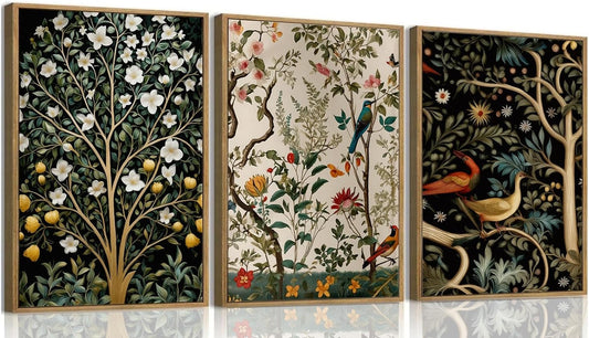 MTFBWY Vintage Botanical Wall Art Set of 3 – Framed Bird and Flower Canvas Modern Art Prints, Nature Tree Triptych Painting, Whimsical Gallery Wall Decor for Living Room Bedroom Office, 16L x 12W