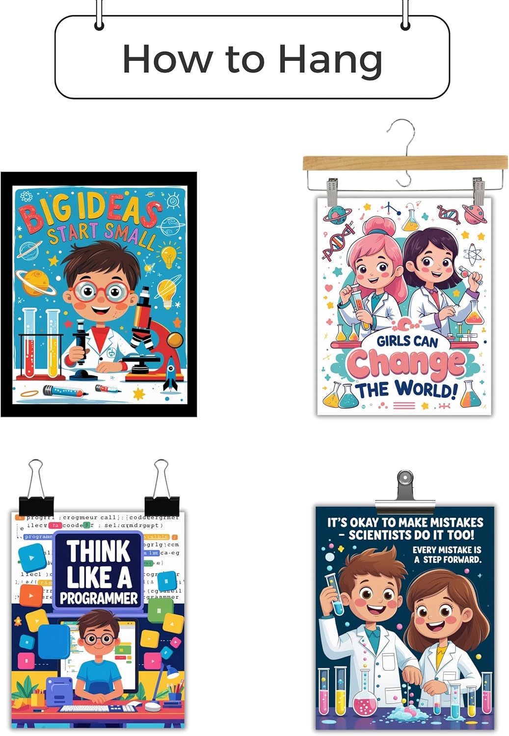 CNTG Design Motivational STEM Posters – Set of 4, 8x10 Inch Unframed Wall Art – Inspirational Science & Programming Quotes for Classroom, Study Room, or Office Decor (STEM Learning)