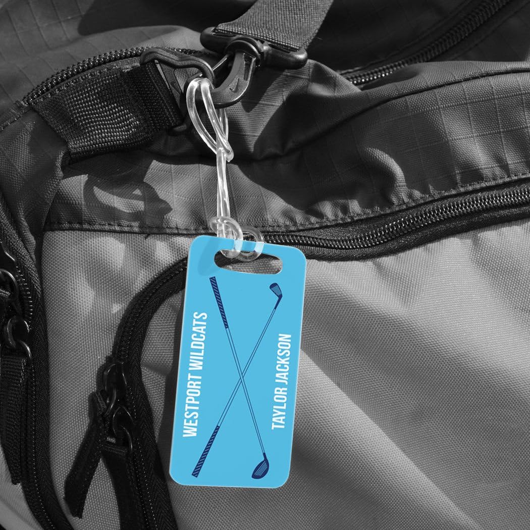 ChalkTalkSPORTS Golf Luggage & Bag Tag | Personalized Crossed Golf Clubs | Standard Lines on Back | Small | Carolina/Navy