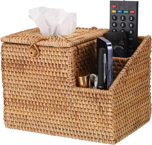 Sumnacon Tissue Box Square Tissue Box Cover with Storage Rattan Tissue Box Holder with 2 Side Organizer,Wicker Tissue Cover Cube Tissue Holder for Bathroom Living Room Table Desk Office