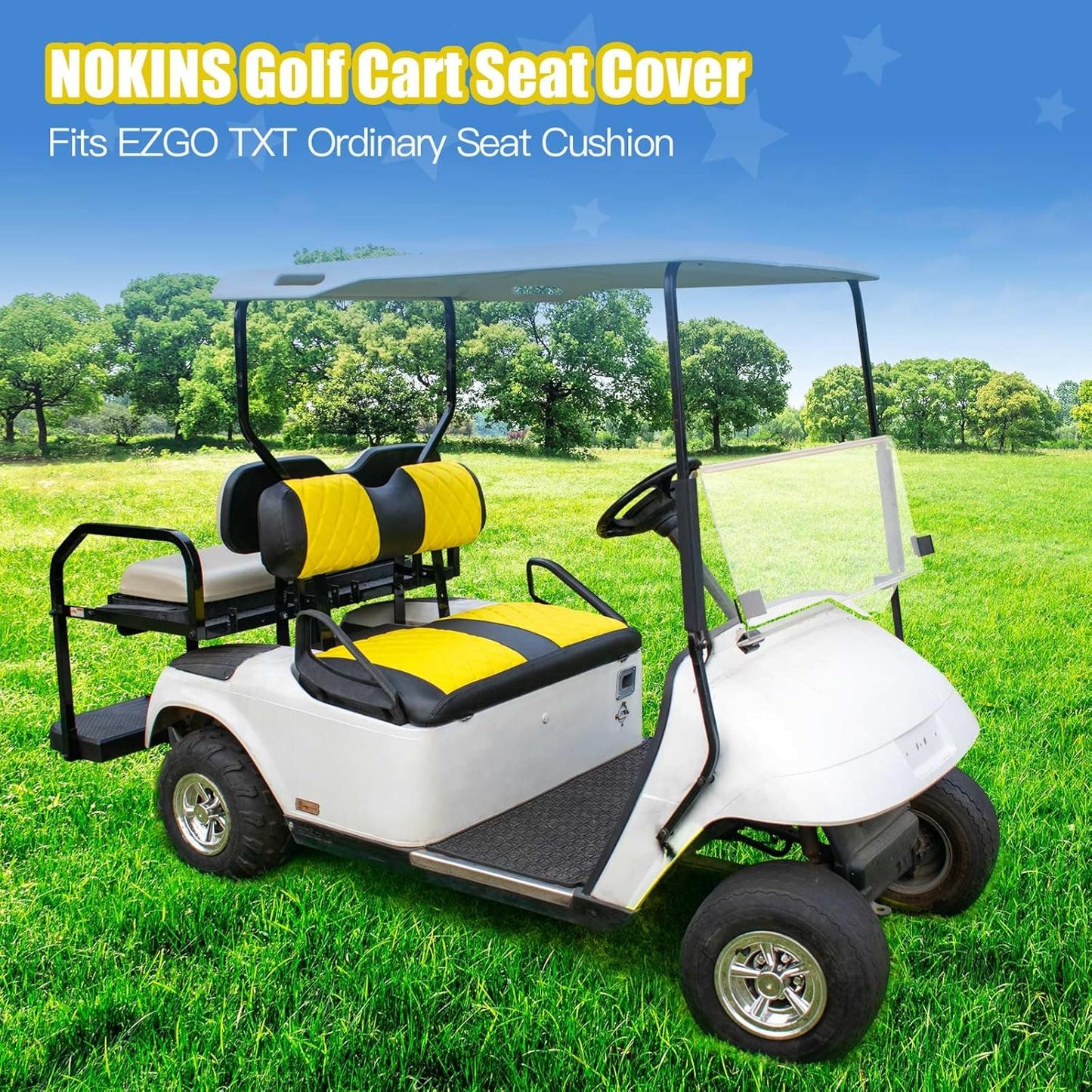 NOKINS Golf Cart Diamond Seat Covers Kit, Fit for EZGO TXT 1994-2013/EZGO RXV OEM Standard Front Seat Cushion, Golf Cart Vinyl Seat Cover, No Nails Required (Yellow and Black)