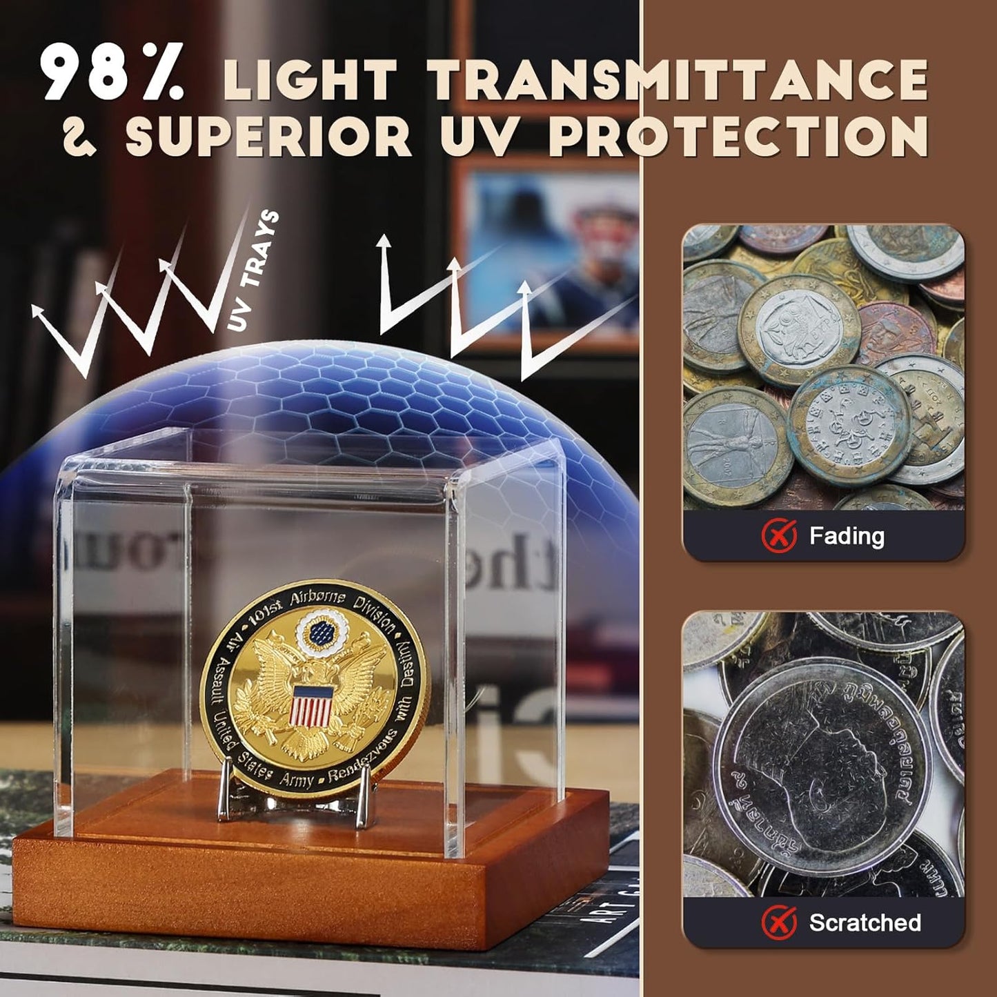 JupDec Coin Display Case, Clear Acrylic Showcase with Wood Base & Alloy Holder for Single Challenge Coin, UV Protection Souvenirs and Collectibles Box, Ideal Gift for Coin Fans, Brown