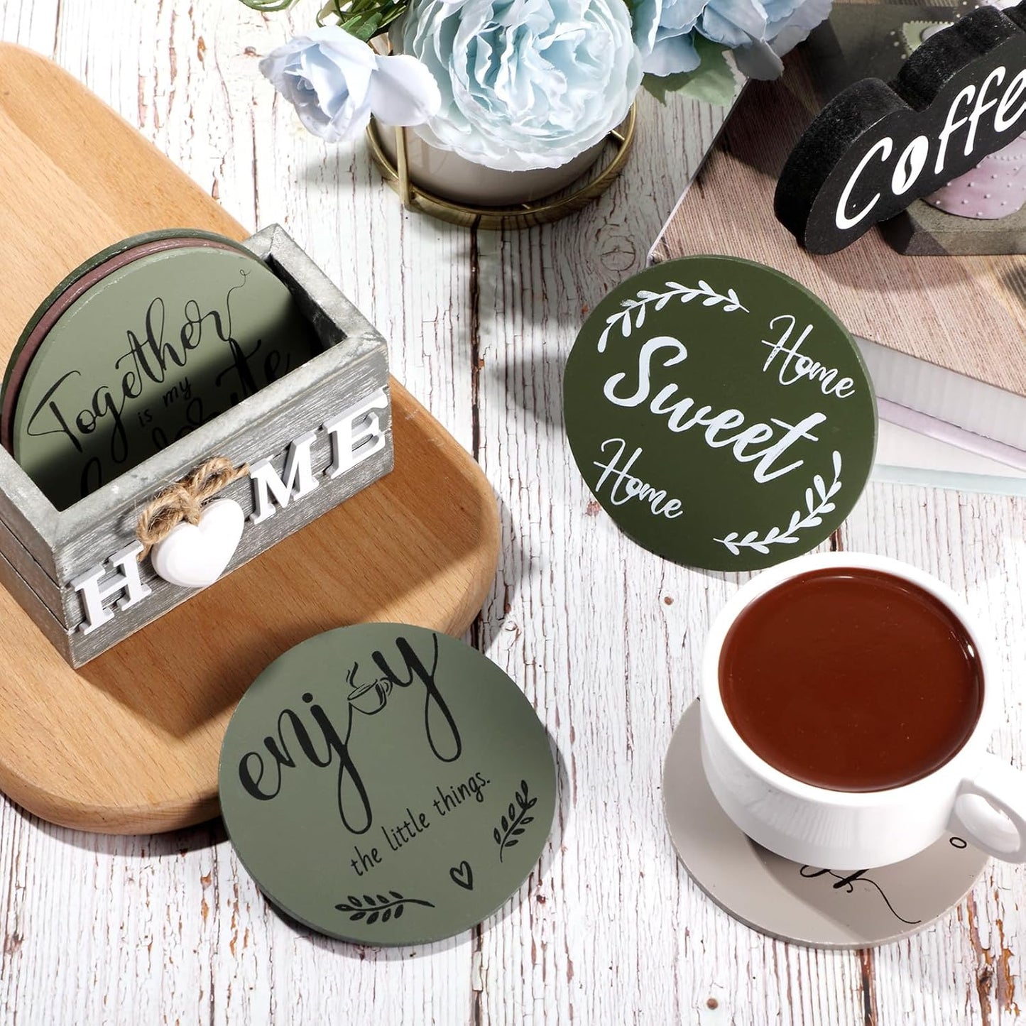 Queekay Housewarming Gifts for Home Decoration Wooden Heart Coasters for Drinks 6 Set Farmhouse Coasters with Holder Funny for Family Coffee Table Protection, 4''(Green)